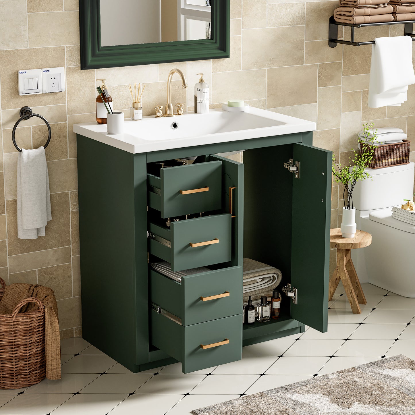 30'' Bathroom Vanity With Ceramic Sink Combo,Solid Wood Frame Bathroom Storage Cabinet, Freestanding Vanity Set With 3 Drawers& Soft Closing Doors