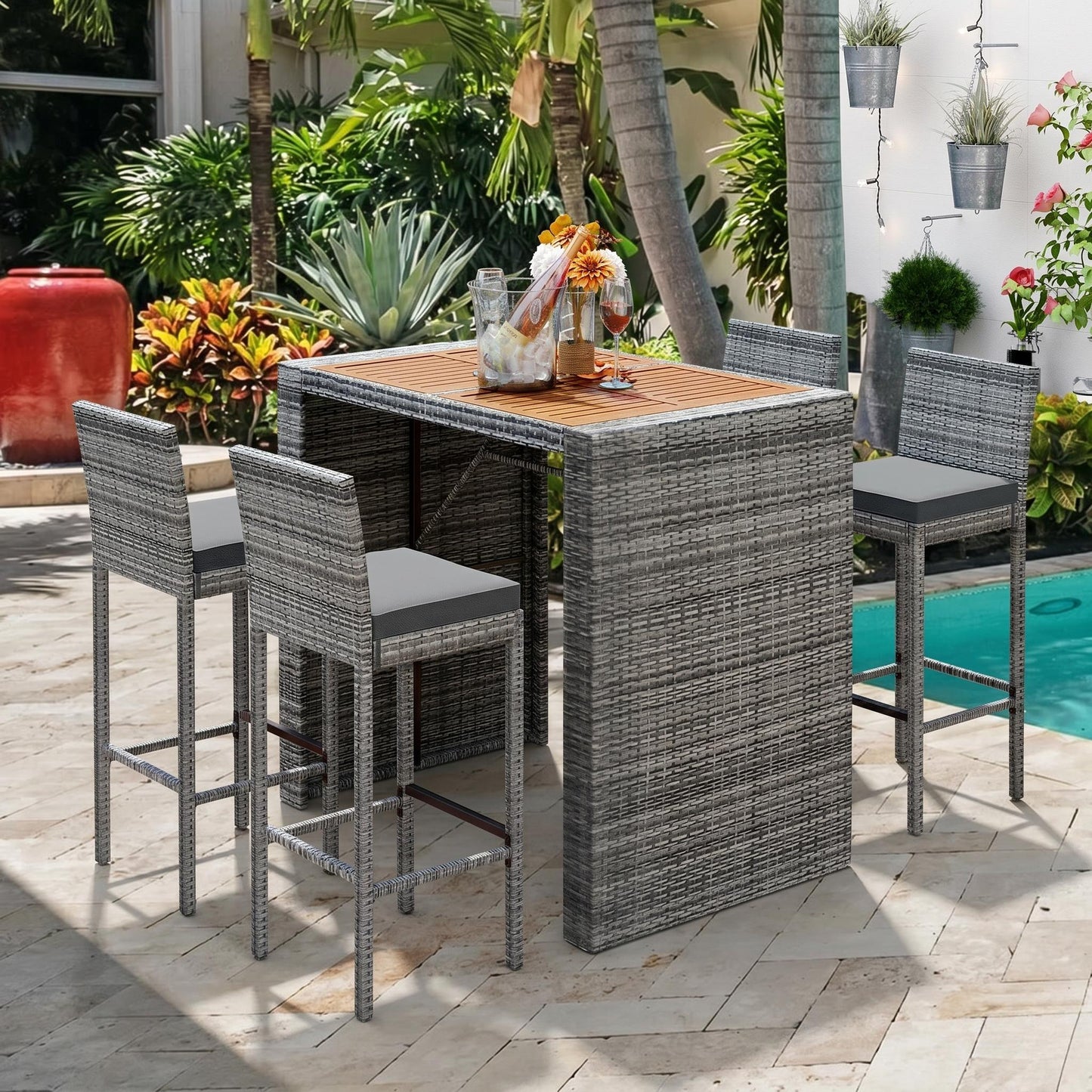 GO 5-pieces Outdoor Patio Wicker Bar Set, Bar Height Chairs With Non-Slip Feet And Fixed Rope, Removable Cushion, Acacia Wood Table Top, Brown Wood And Gray Wicker