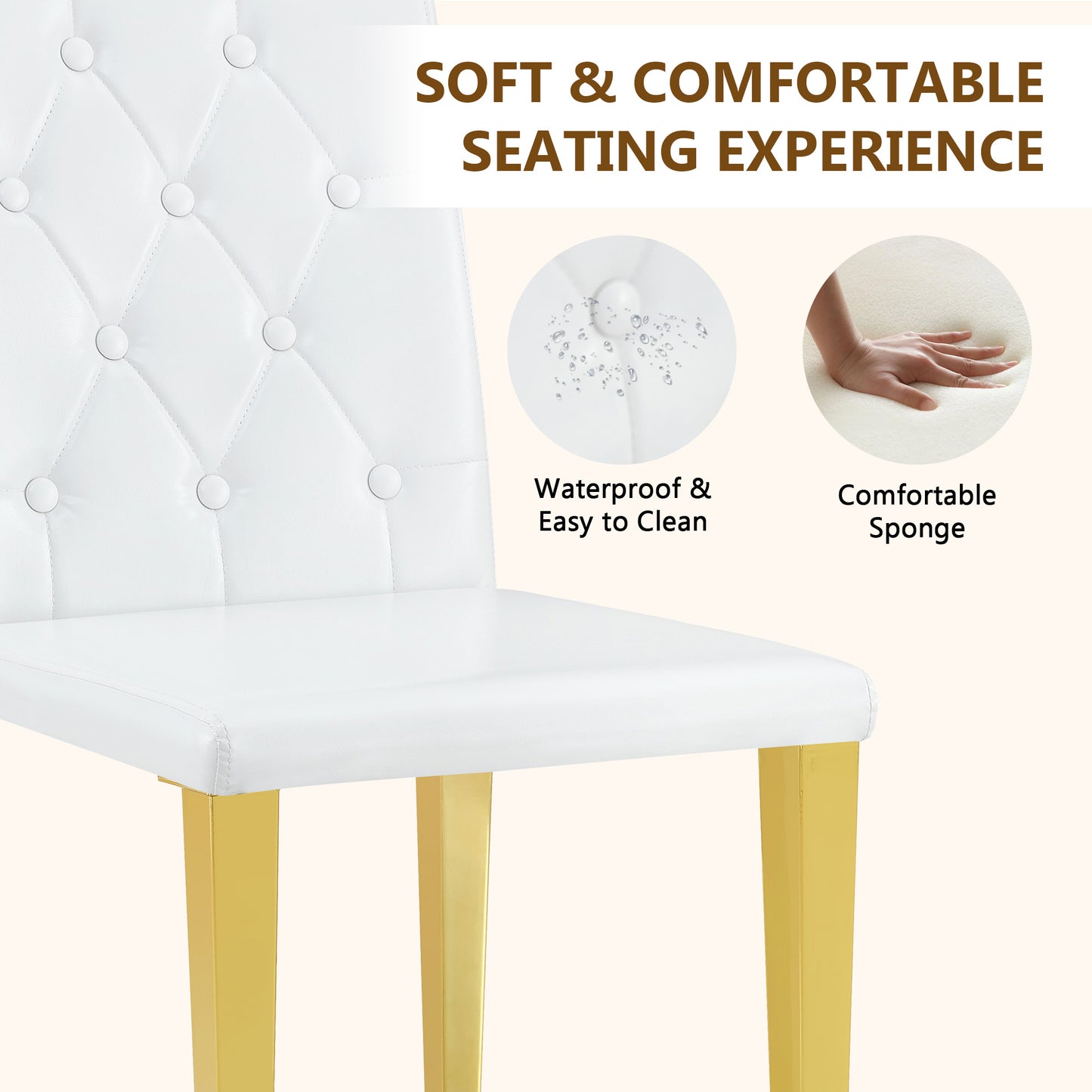 4-pack White PU Dining Chairs ,Ergonomic Buckle Backrest, 35 Inches High, Golden Metal Legs,Combines Comfort And Texture.Perfectly Suitable For Family Dining Rooms, Hotel Banquet Halls,etcW1151P295709