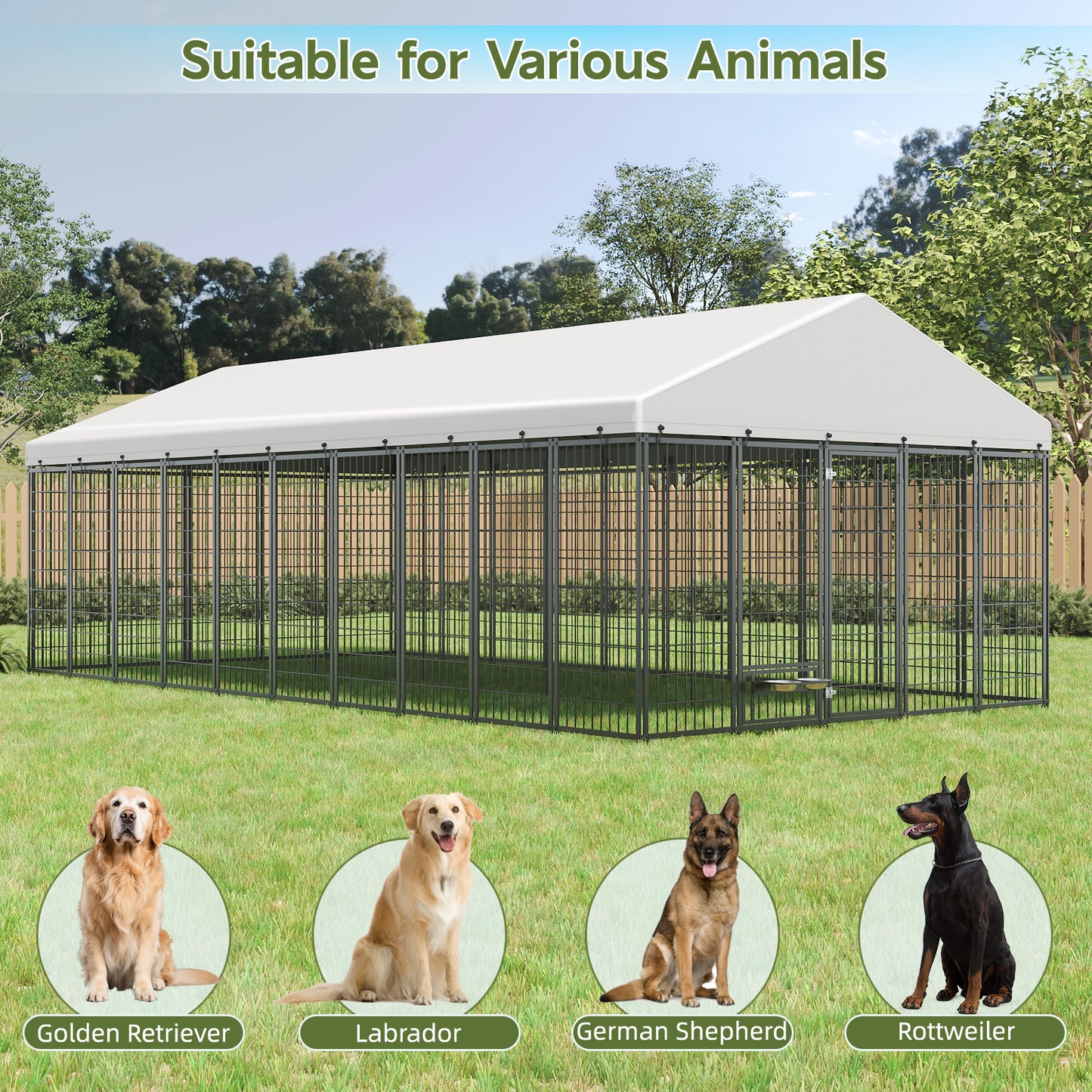 Large Dog Kennel Outdoor Pet Pens Dogs Run Enclosure Animal Hutch Metal Coop Fence With Roof Cover. 18.9  L X 9.61  W X 6.76 H.