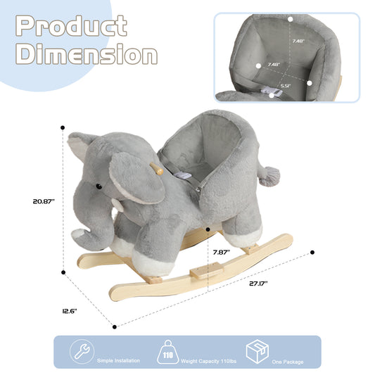 Kids Ride-On Rocking Horse Toy With Elephant Sounds ,Elephant Rocking Toy With Hand Puppets And Safety Belt For Children 1-3 Years,Soft Plush Fabric,Grey,CPC Certified