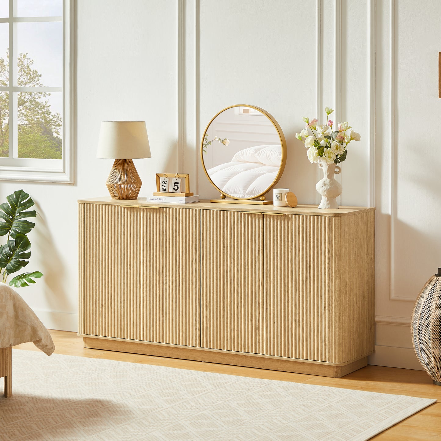 63  Vertical Stripe Buffet Cabinet Sideboard With Stoarge, Curved Wave Design, TV Stand, For Bedroom, Living Room, Hallway, Oak,63 W X 15.75 D X 31.5 H.