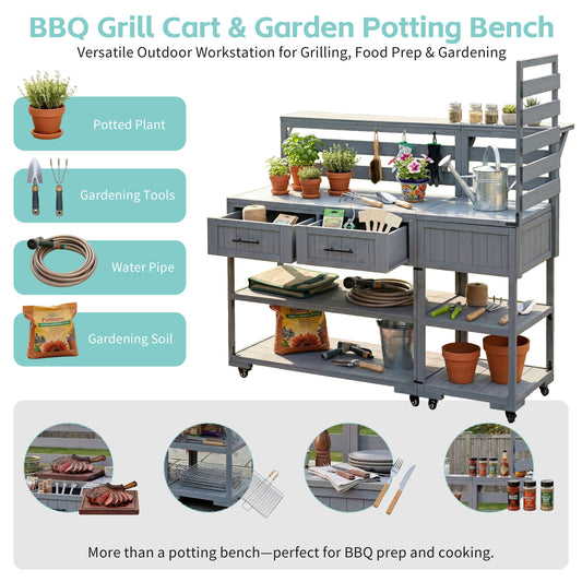 With Assembly Video  TOPMAx 62.3  Patio Kitchen Island Solid Wood Kitchen Cart With Stainless Table Top  Garden Potting Bench With Raised Shelf And Drawers  Grill Prep Table For BBQ  Party  Gray