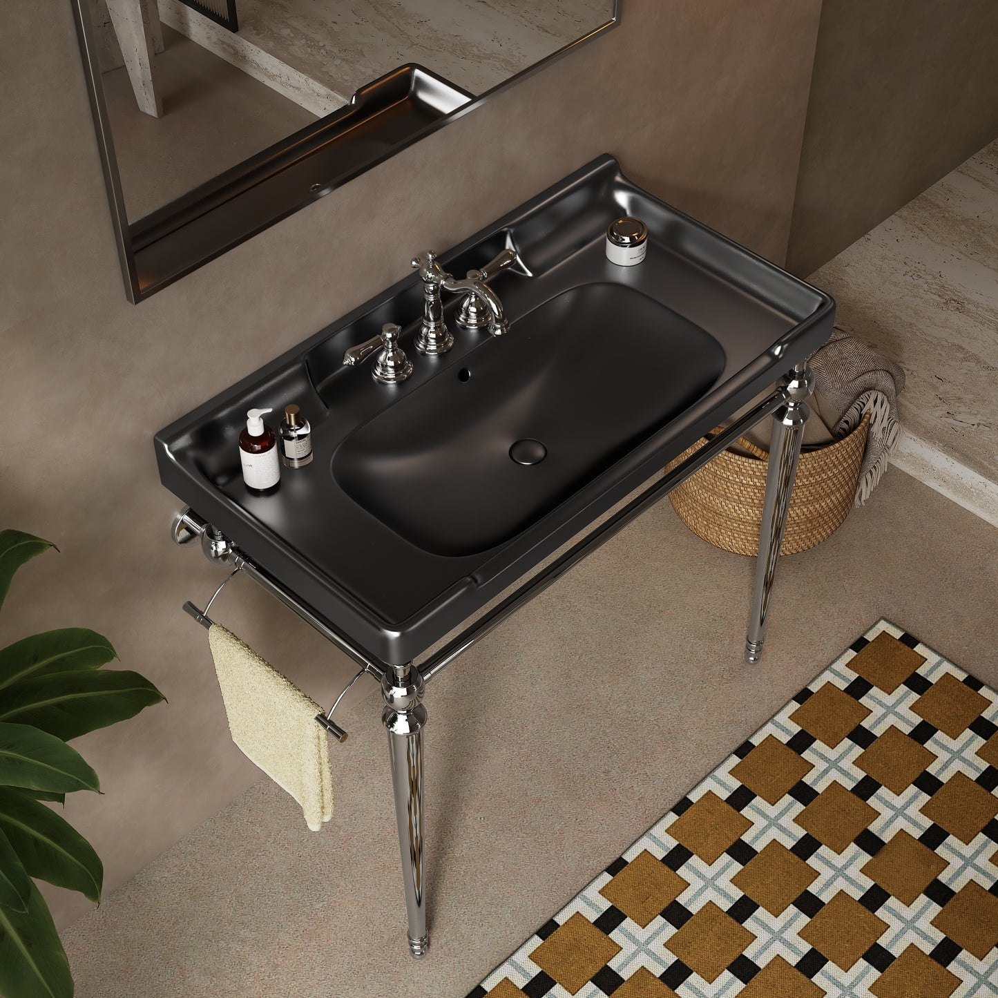 VICI 36 Bathroom Console Sink, Wall-Mounted Black Ceramic Vanity Basin With 3 Pre-drilled Faucet Holes, Freestanding Stainless Steel Support Legs With Towel Bar, No Faucet & Sink Cover, Chrome Color