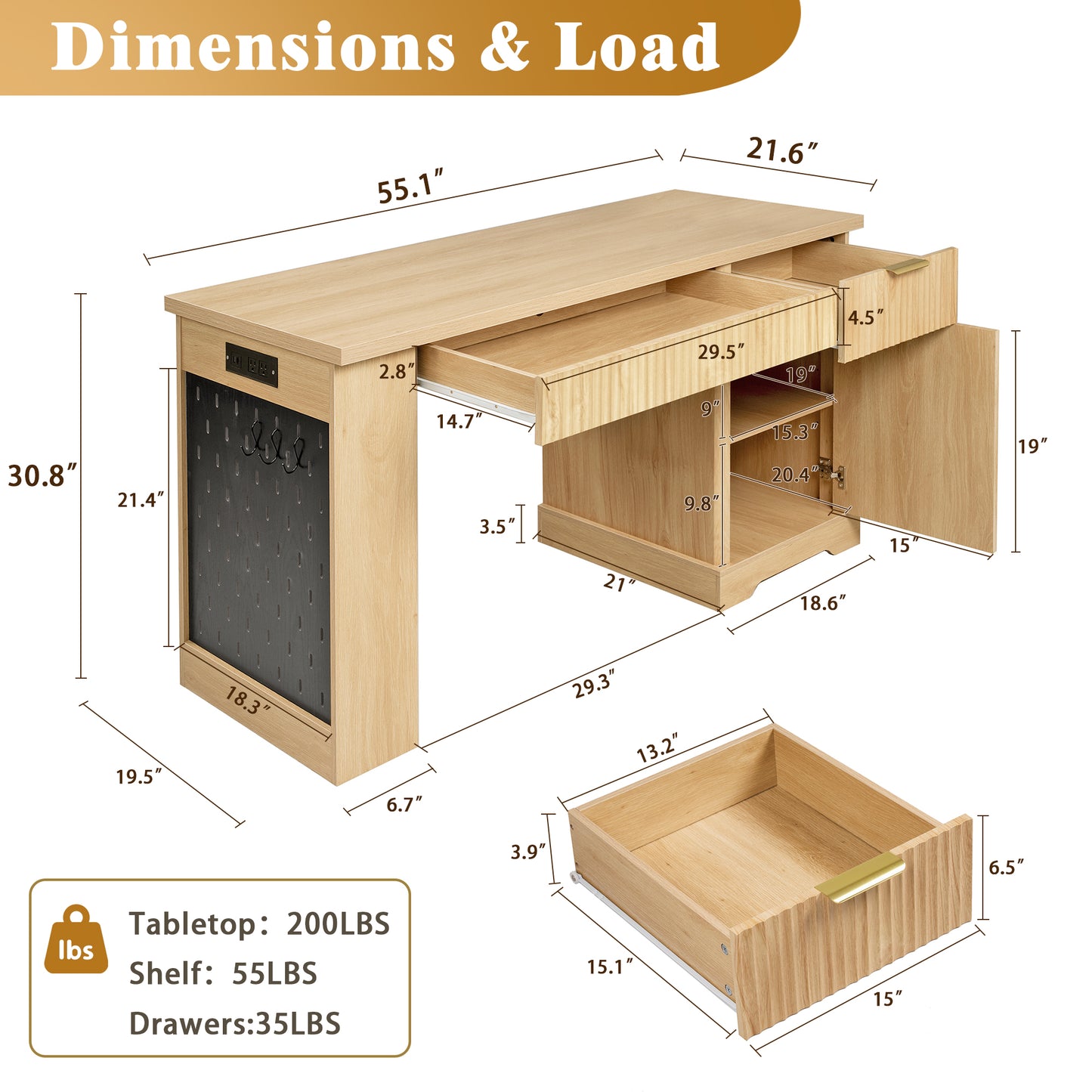 55  Modern Fluted Office Desk With Storage Cabinet & Drawers, Computer Writing Desk With Power Outlet, Pegboard, Built-in Shelves And Keyboard Tray For Study, Living Room, Home Office, Light Oak