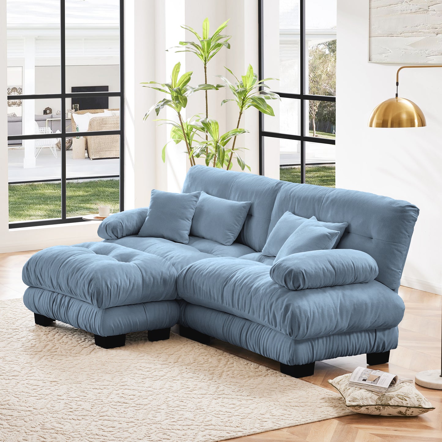 Cloud Couch Sectional Sofa For Living Room, Chenille 2 Seater Sofa With 2 Lumbar Pillows And 2 Throw Pillows , Upholstered Wide Arm Sofa With Convertible Ottoman,Chenille Blue