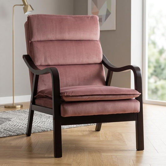 Mid-Century Modern Rose Accent Chair With Wood Armrest, Upholstered Reading Chair For Living Room Bedroom