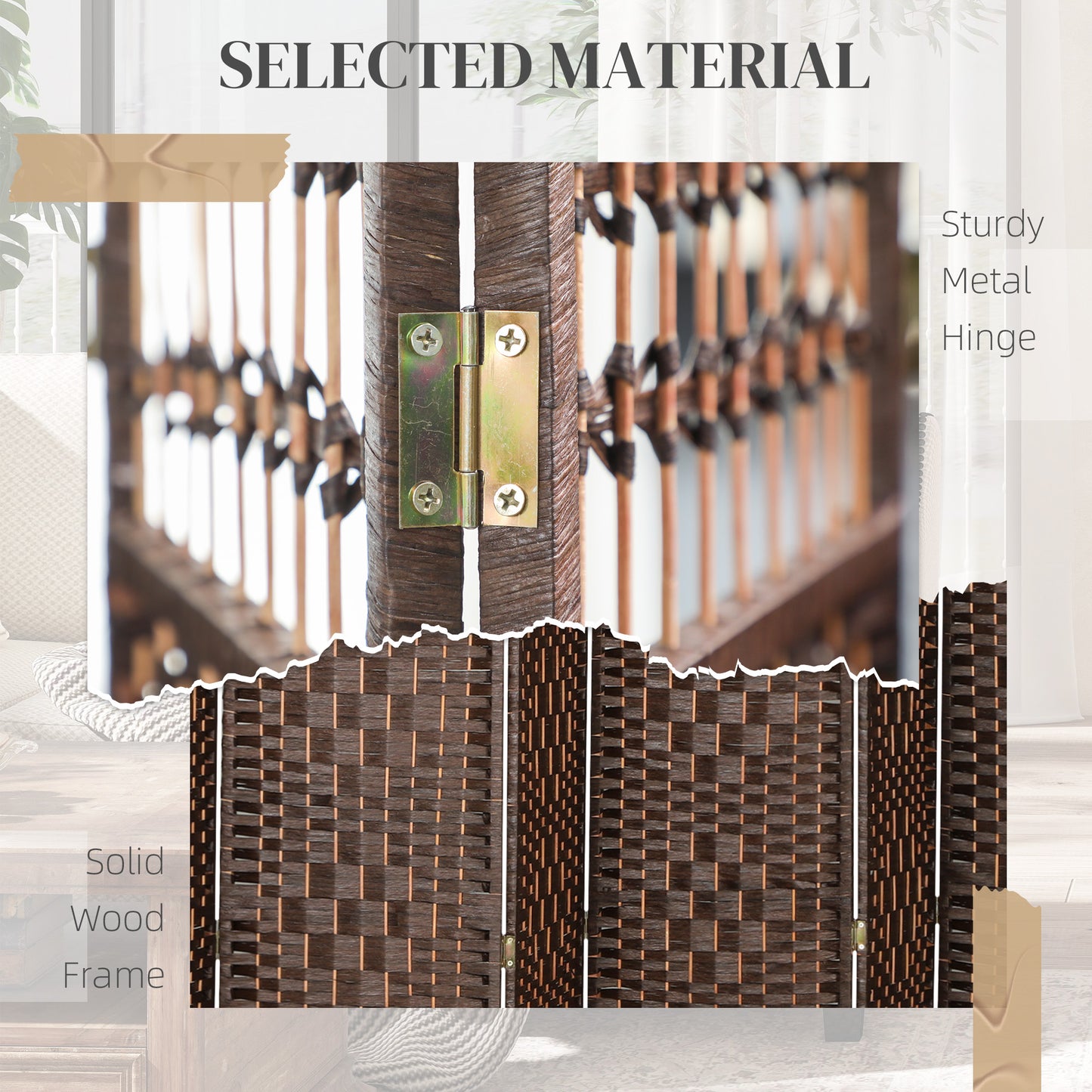 8 Panel Folding Room Divider Portable Privacy Screen Wave Fiber Room Partition For Home Office Brown