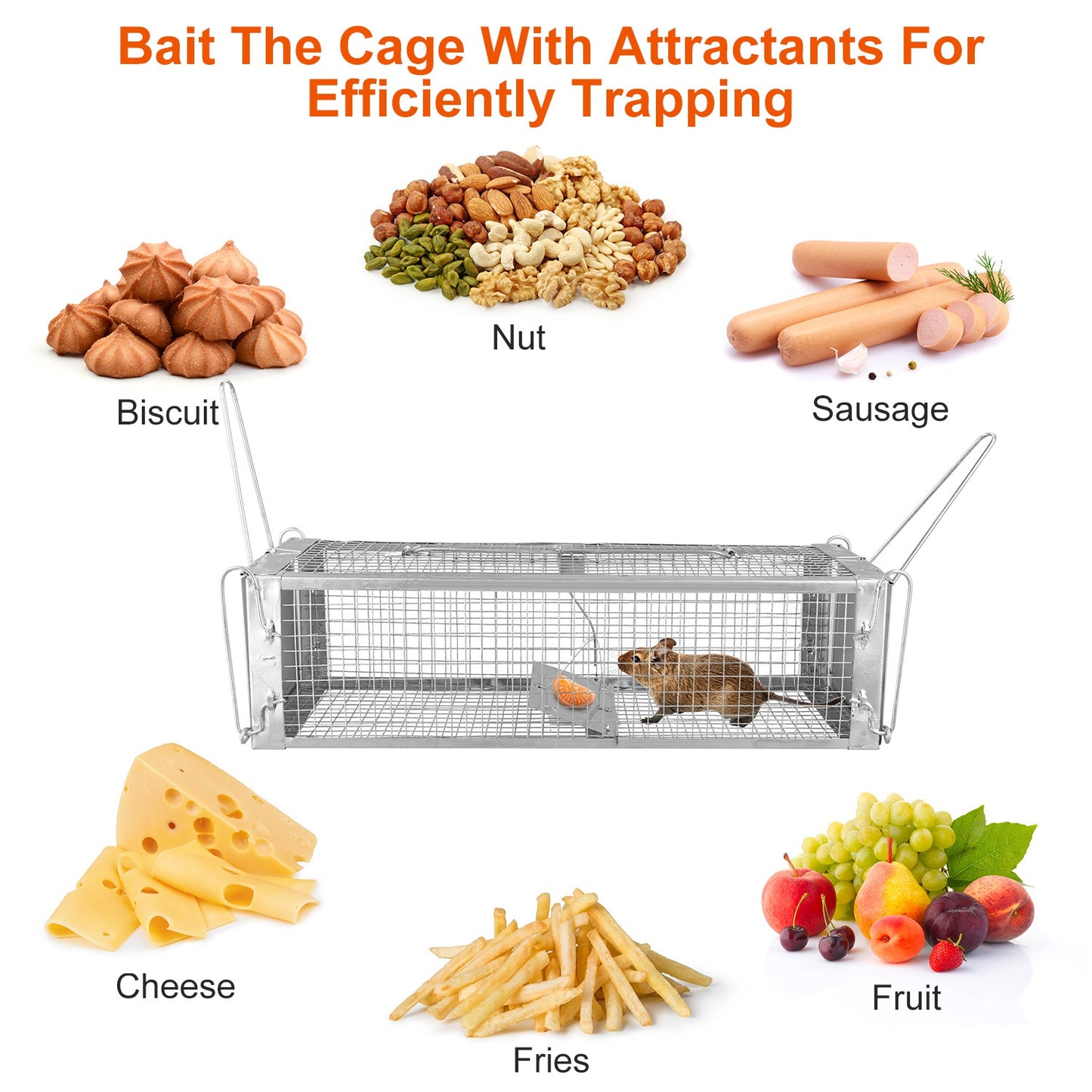 1Pc Dual Door Rat Trap Cage Humane Live Rodent Dense Mesh Trap Cage Zinc Electroplating Mice Mouse Control Bait Catch With 2 Detachable U Shaped Rod