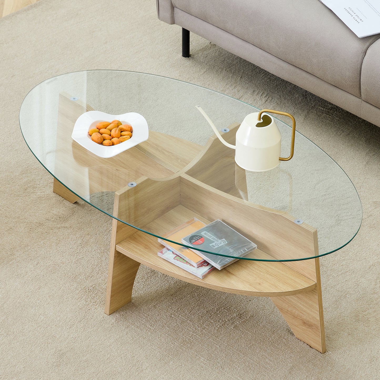 Oval Tempered Glass Coffee Table - 41.3inx23.6in Multi-Functional Design.Oval Tabletop.Natural Wood Color Diagonal Fan-shaped Tray Design Table Leg.Suitable For Dining Rooms, Living Rooms, Offices.