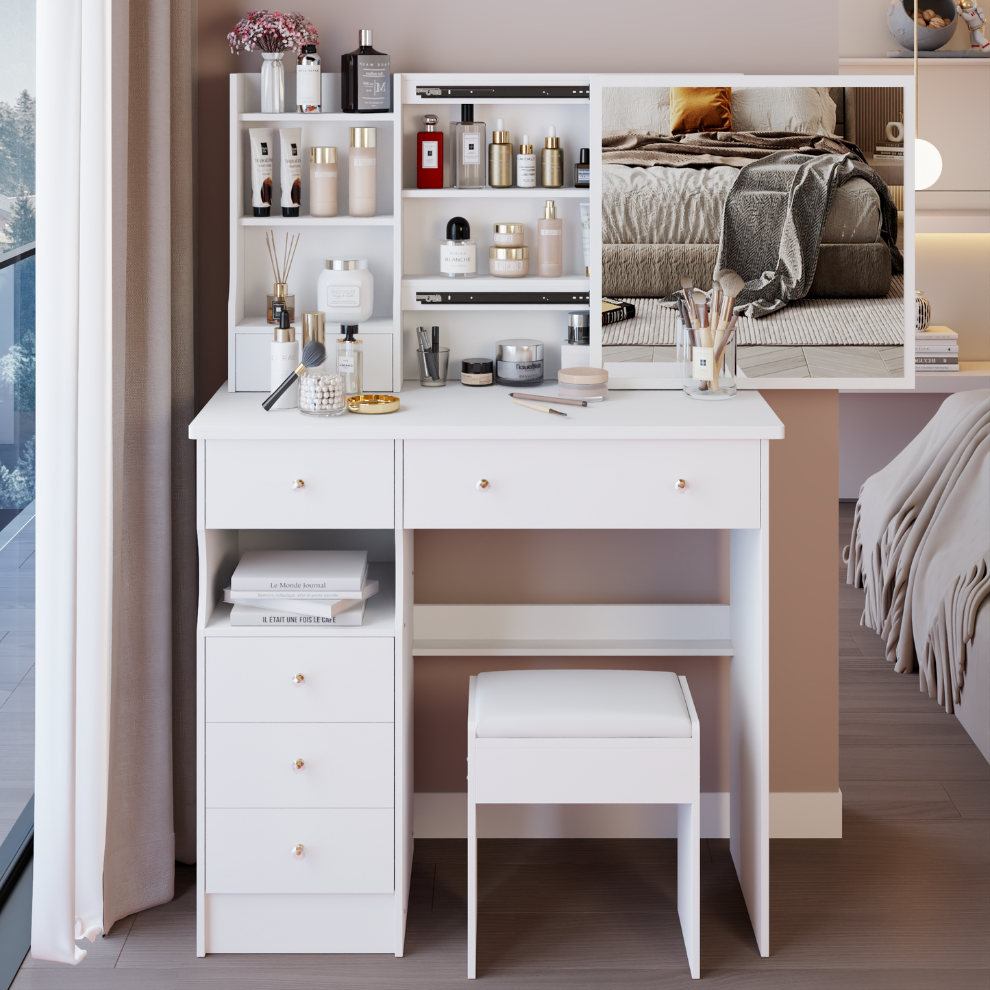 37 Middle Size Left Drawer Desktop Vanity Table  Cushioned Stool, Extra Large Right Sliding Mirror, Multi Layer High Capacity Storage, Practical Fashionable Dresser, Suitable For Large Space