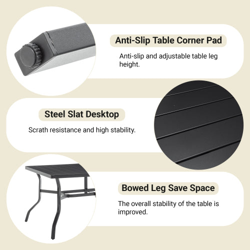 Outdoor Dining Table For 6, Powder-Coated Steel Slat Top With 2.16in Umbrella Hole, Anti-Slip Pads, E-Coating Frame, All-Weather Black Patio Table For Garden, Poolside, Backyard