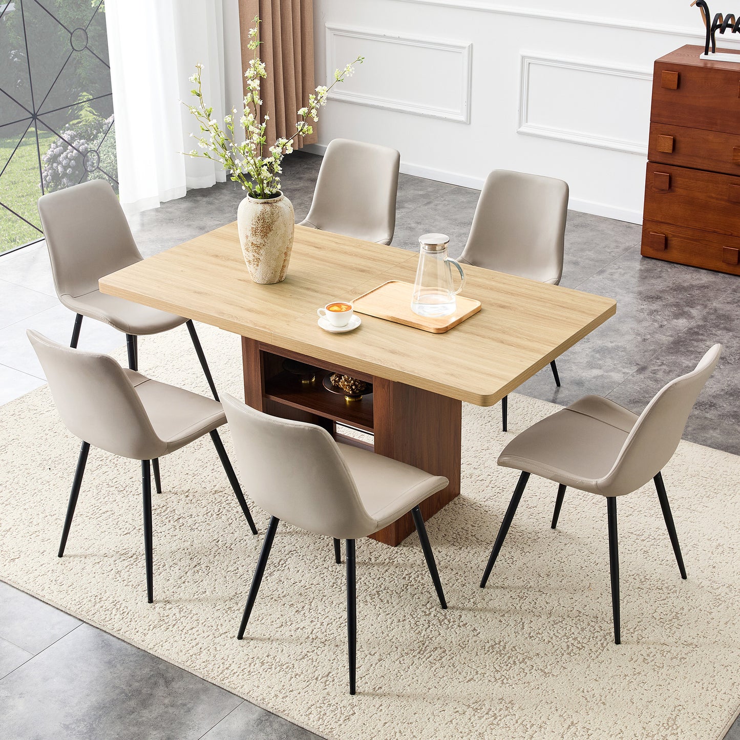Scalable Dining Table And Chair Set, 59-71 Inch Pull-out Table,6-piece Set Of Warm Gray Artificial PU Chairs With Curved Widened Cushion Design. Suitable For Dining Rooms,office,etc.
