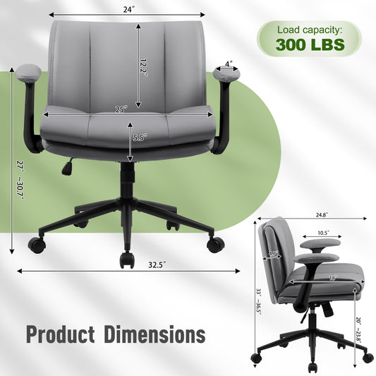 With Flip-Up Armrests Leather, Cross Legged Office Chair On Wheels, Comfy Swivel Chair With Wide Seat For Home Office, Vanity,  Ergonomic Desk Chair Adjustable, GREY
