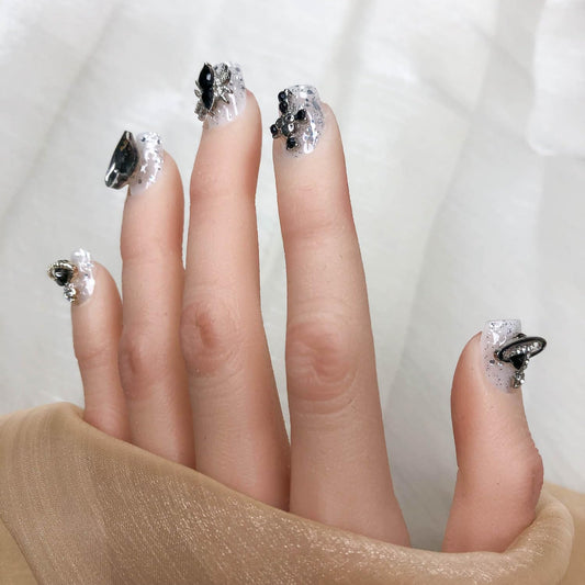 GGDDSHA Press On Nails Short, No Fade Out Fake NailsSeamless Fit Soft Gel Glue On Nails Charms For WomenHandmade Nail Art Manicure Gradient,Midnight Stardust