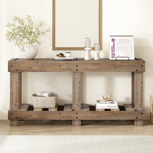 U-Style 62.9  Vintage Entryway Table -  Fir Solid Wood With Natural Grain  6 Reinforced Legs & 4.5  Thick Desktop  Metal Rivet Decor & Plank Under- Shelf  Console Table For Hallway  Living Room
