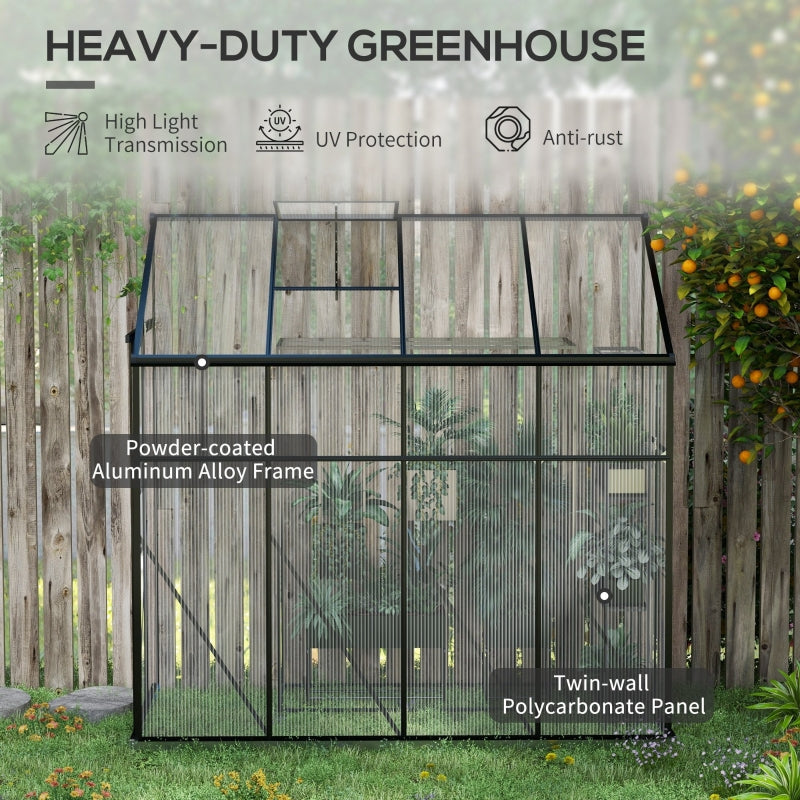 8' X 4' Walk-in Polycarbonate Greenhouse, Lean-to Aluminum Green House With Rain Gutter And Foundation, Black