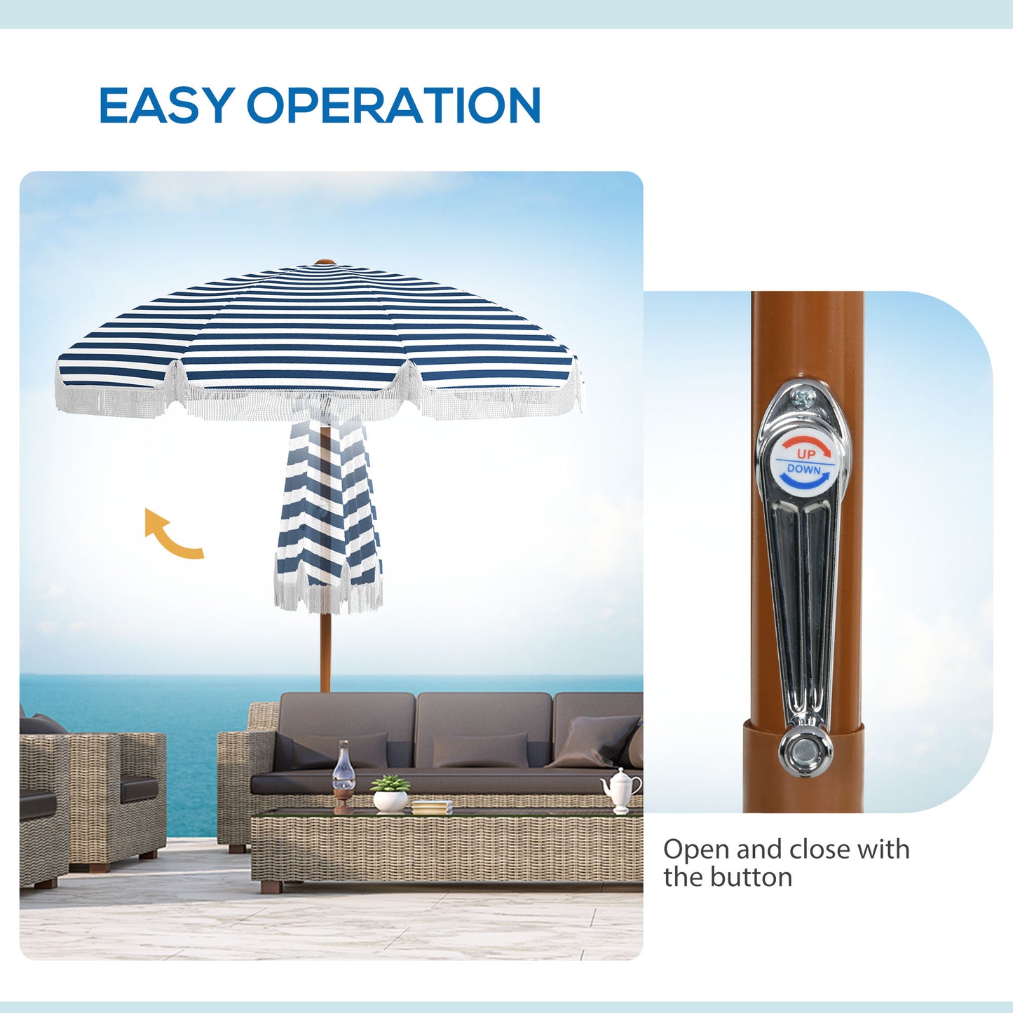 7 X 7 Ft Outdoor Umbrella With Tilt, Vent, Patio Market Table Umbrella Parasol With Fringed Ruffles And Flounce, Blue