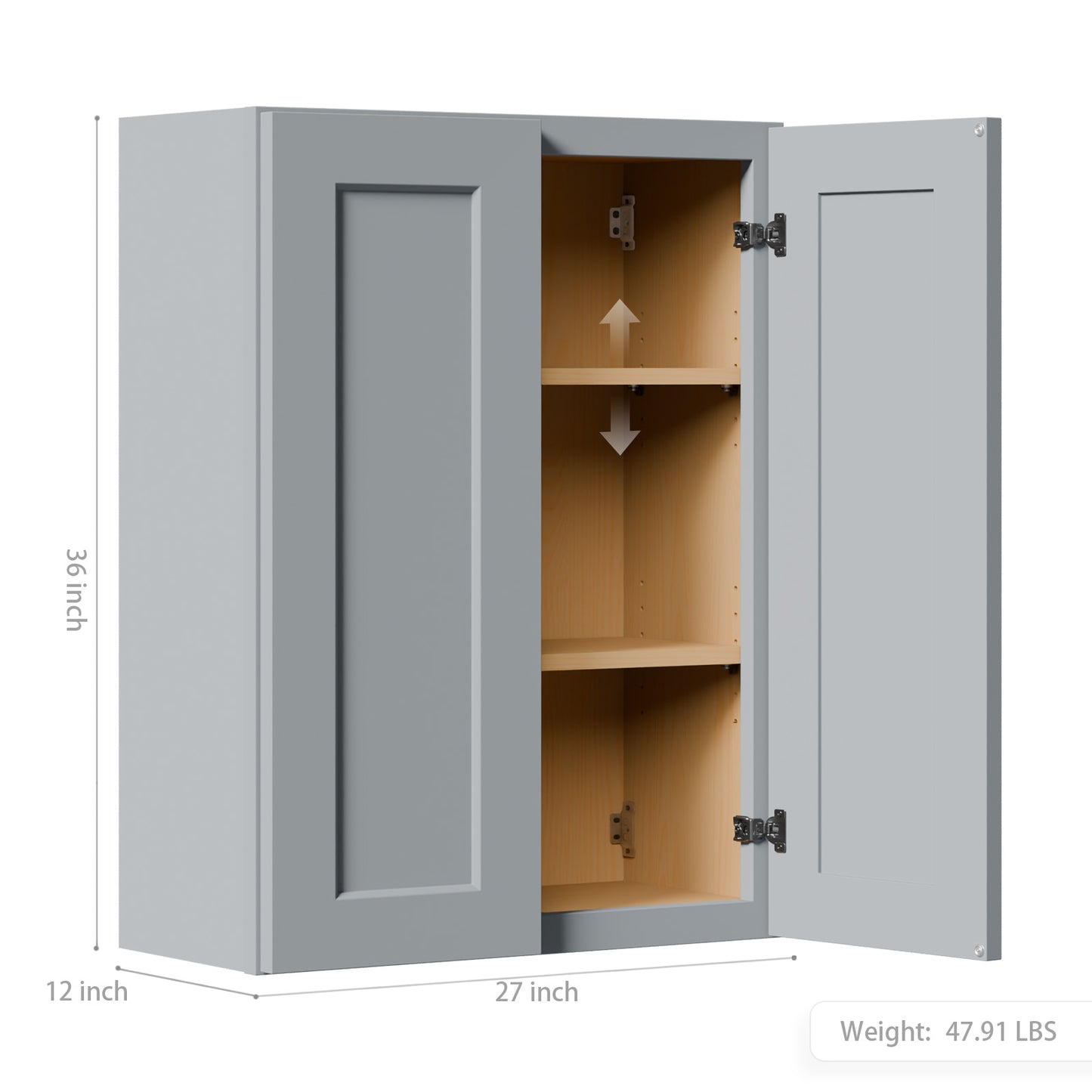 Gray Shaker Solid Wood Wall Cabinet With Soft-Close Doors, Adjustable Shelves - 27  Double Door Storage For Kitchen, Bathroom, Laundry, Garage  Easy Assembly, 27 W X 12 D X 36 H