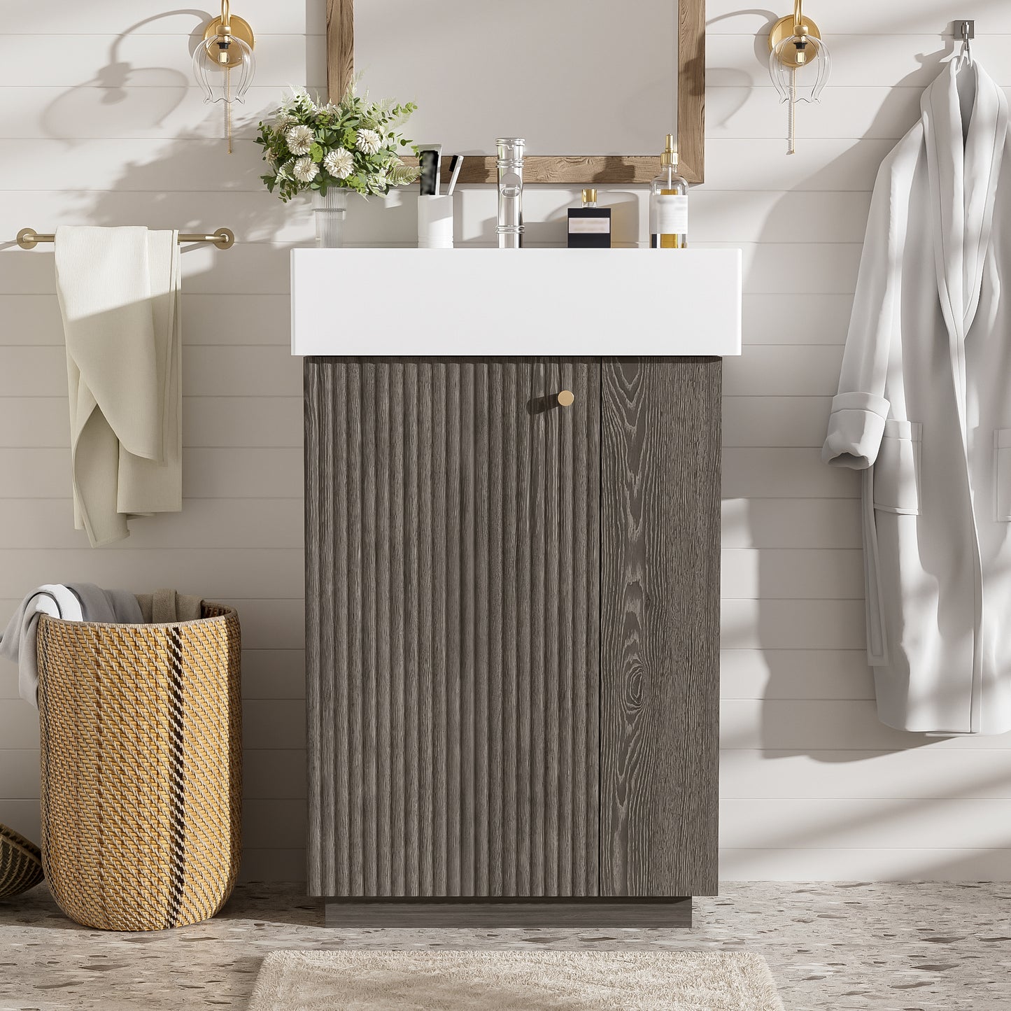 21.6  Bathroom Vanity With Ceramic Sink, Freestanding Modern Left Door Wood Grain Cabinet With Open And Closed Storage
