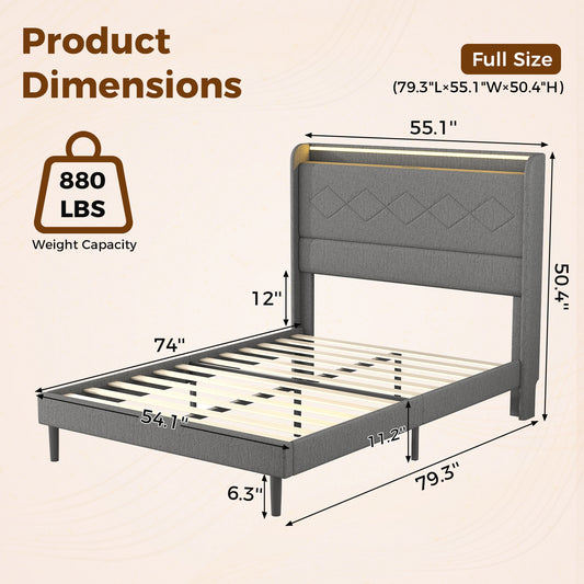 A Double Bed Frame With Adjustable Headboard, Equipped With 3 USB Charging Ports, LED Light Strips And Bluetooth Controller