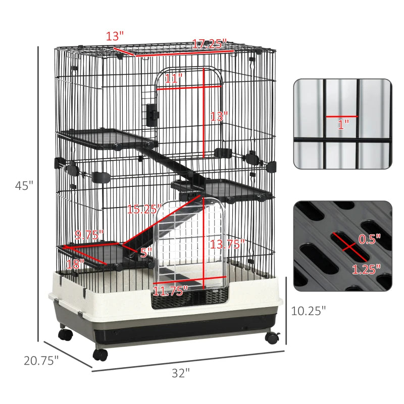 4-Level Small Animal Cage Rabbit Hutch With Universal Lockable Wheels, Slide-out Tray For Bunny, Chinchillas, Ferret, Black