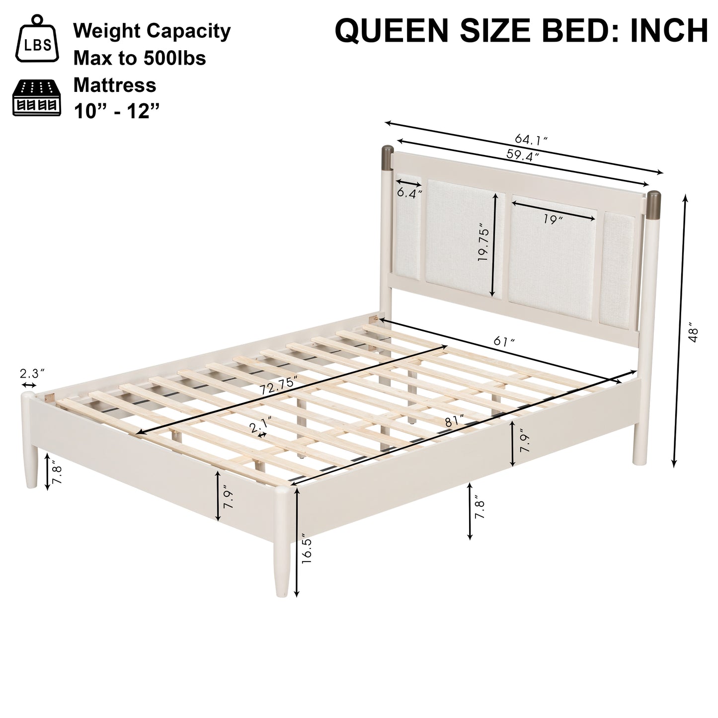 Solid Wood Queen Bed, Heavy Duty 500 Lbs Support, No Box Spring Needed, Grey Upholstered Headboard With Metal Handles