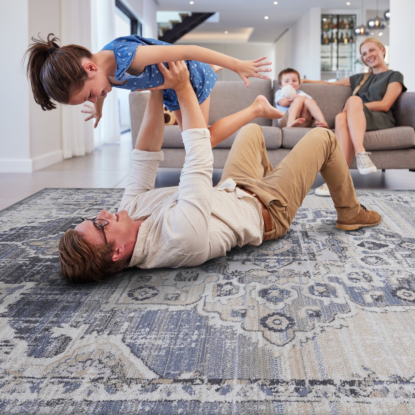 PAYAS  2X8 Cream  Blue  Medallion Runner Rug