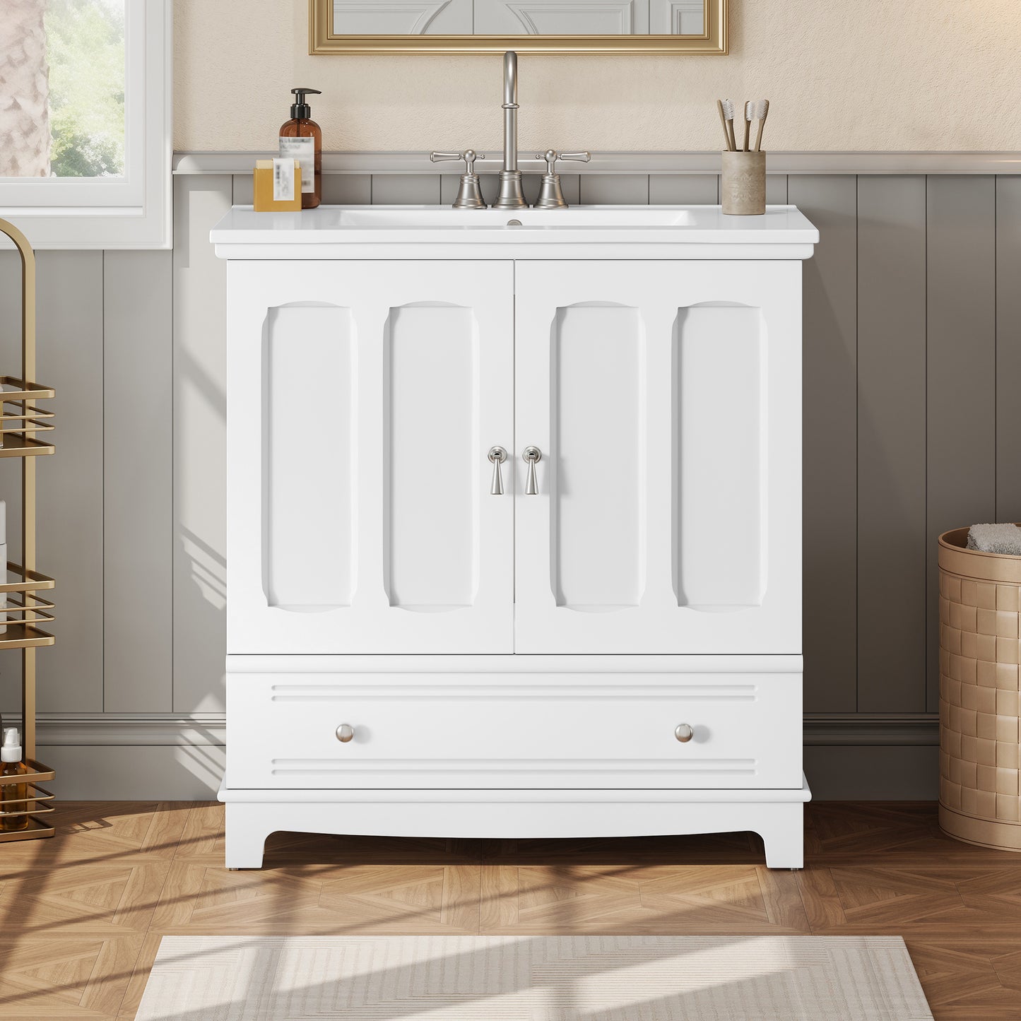 30   Bathroom Vanity With Ceramic Sink, Solid Wood Frame Bathroom Sink Cabinet With Adjustable Shelf, Drawer With Divider, Solid Wood Feet