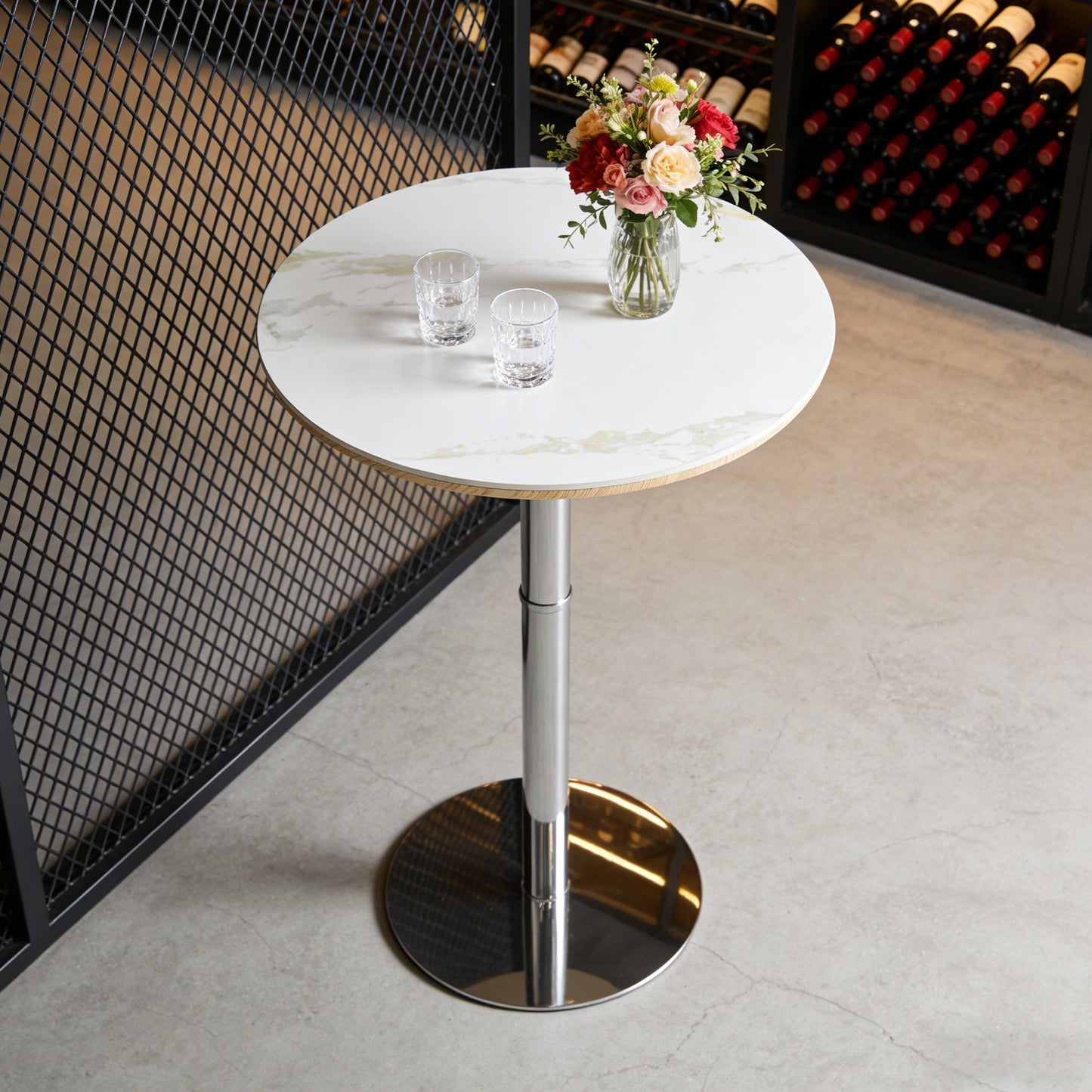 Rock Slab Circular Tabletop Non Adjustable  39 Inches High  Bar Table, Bar Table With Silver Legs And Base  White
