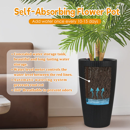 Set Of 2 Faux Rattan Tall Planters Outdoor Indoor Large Planters With Water Level Monitor Inner Bucket, Automatic Watering, Flower Plant Pots For Garden, Patio, Porch,  Black, 22 Inch