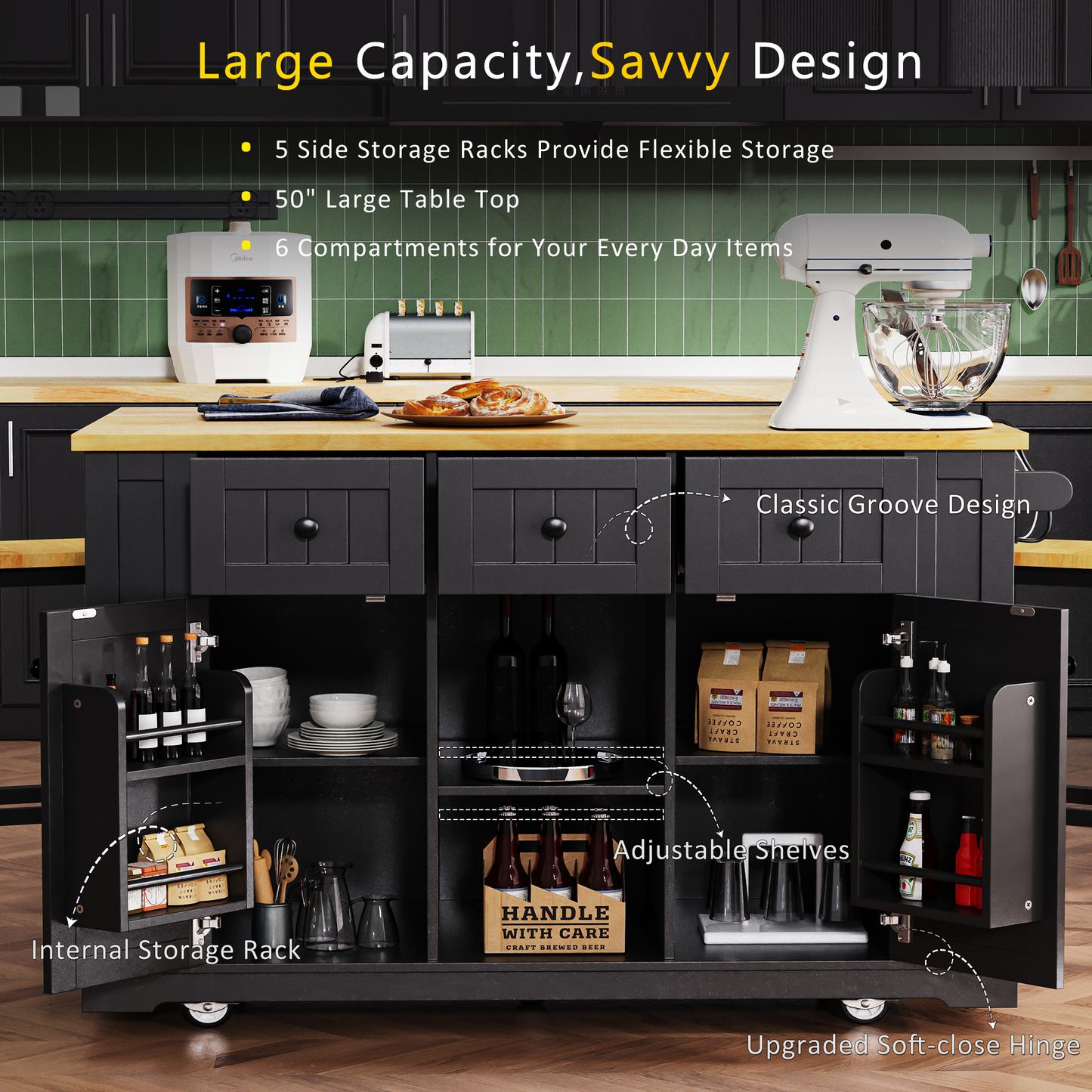 K&K 53inch Large Kitchen Island With Drop Leaf,Power Outlet,Door Internal Storage Rack,Rolling Kitchen Cart On 5 Wheels With 5 Open Side Racks For Kitchen,Black Two Packages  Stools Not Included