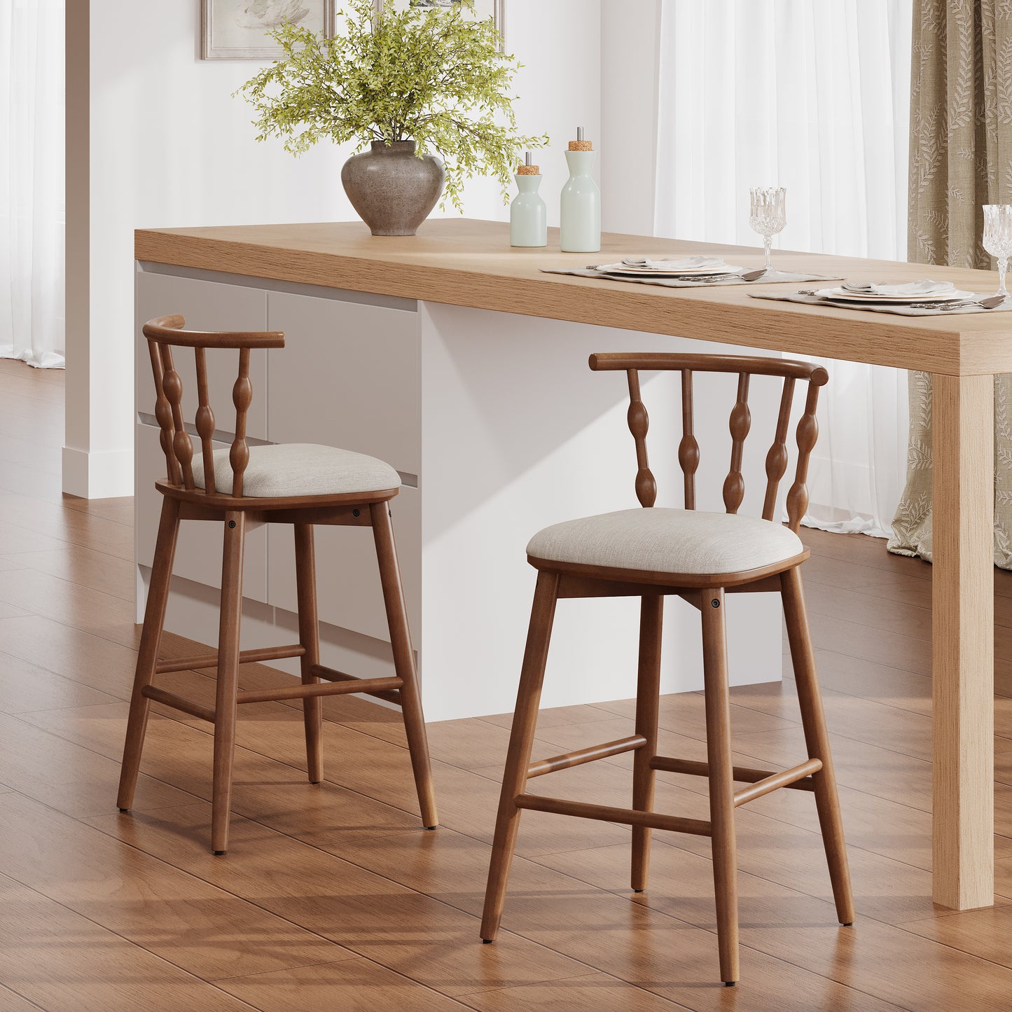 Doria Indoor Wooden Barstool  Walnut Finish With Beige Upholstery  Set Of 2
