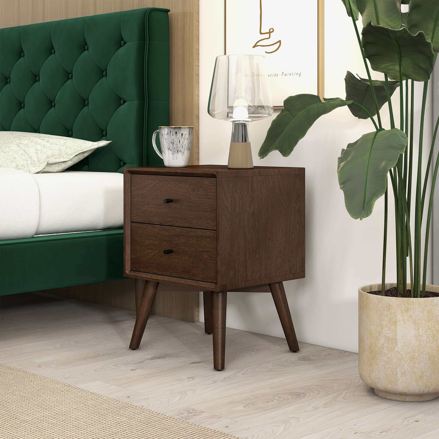 Mid-Century Modern Caroline Night Stand 2-Drawer Dark Brown Solid Wood 23.6  H X 17.7  W X 15.7  D For Bedroom, Closet, Dorm