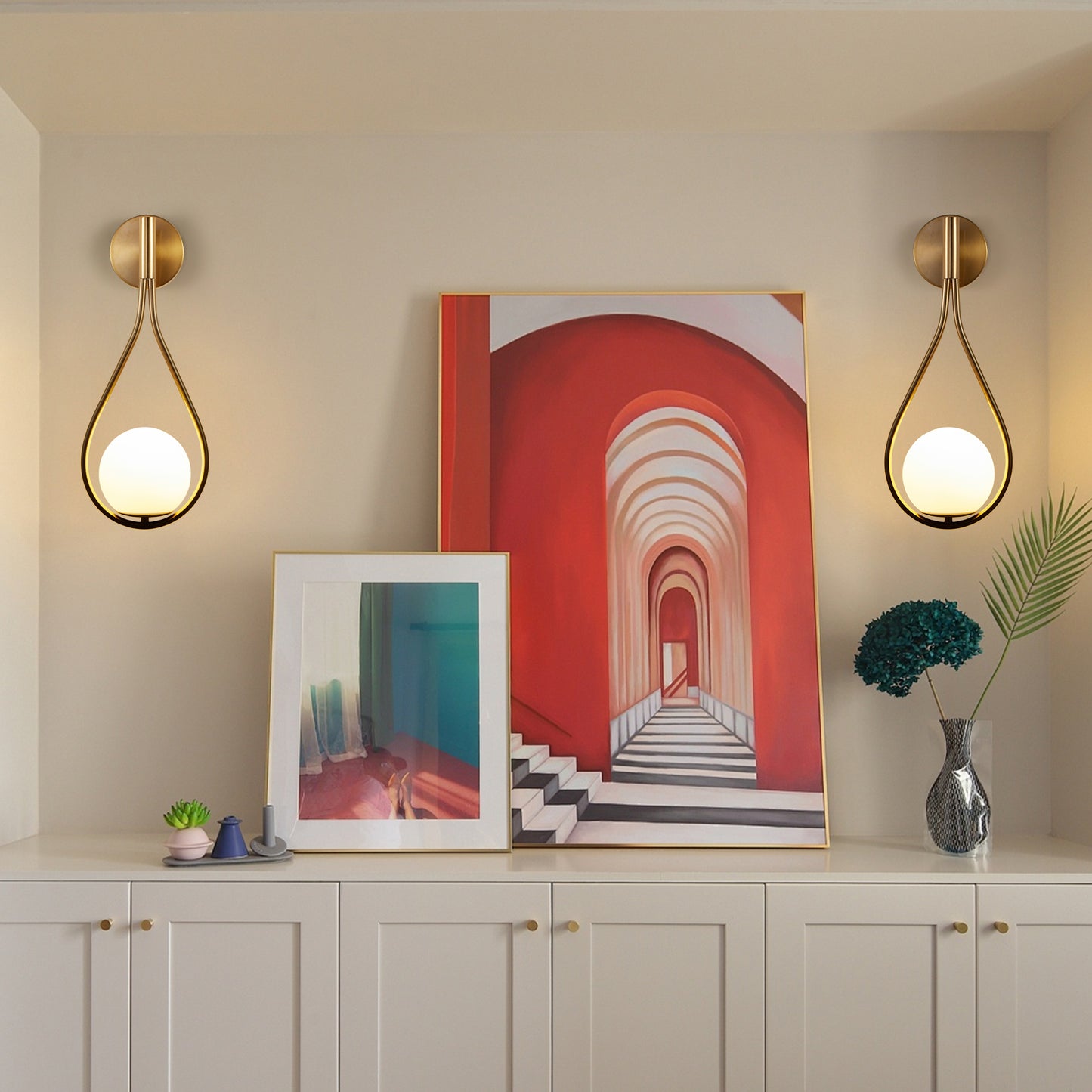 19IN  Set Of 2 Modern Golden Wall Sconces With Opal Glass Globe, Mid-Century Design, Luxury Wall Lights For Bedroom, Living Room, Hallway -No Bulb