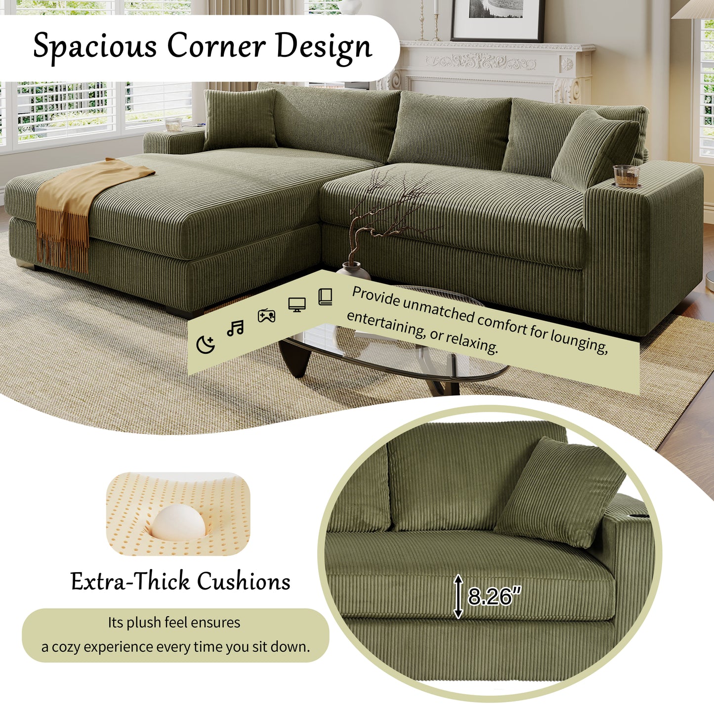 Mirod Large Sectional Sofa With Thick Cushions, And Built-in Cup Holders & Charging Ports