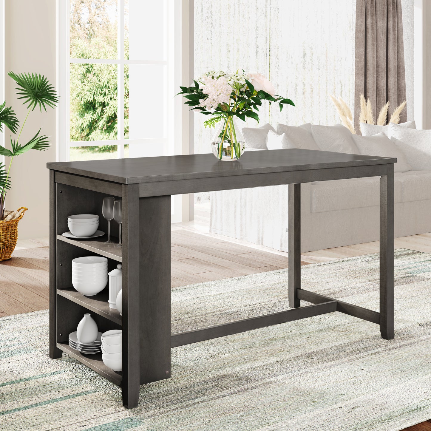 TOPMAX 5 Pieces Counter Height Rustic Farmhouse Dining Room Wooden Bar Table Set With 4 Chairs, Gray Old