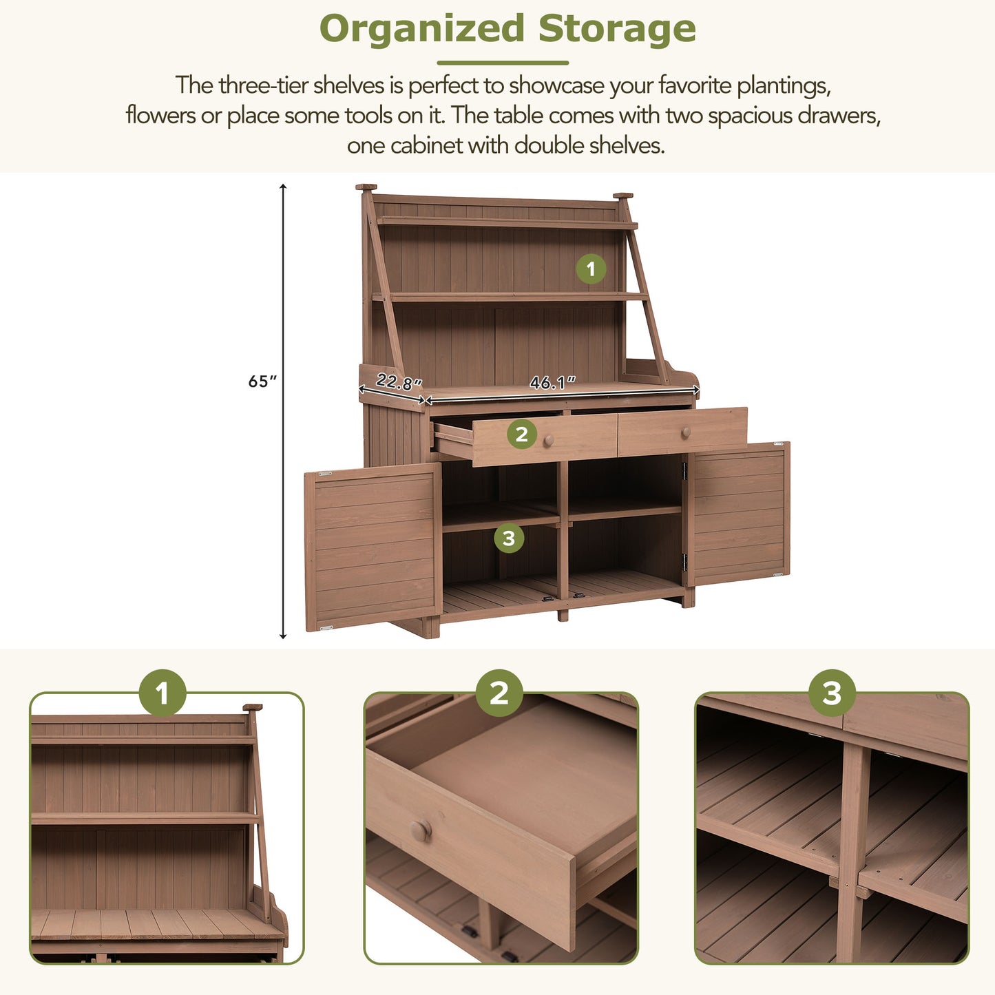 TOPMAx 65inch Garden Potting Bench Table  Fir Wood Workstation With Storage Shelf  Drawer And Cabinet  Brown
