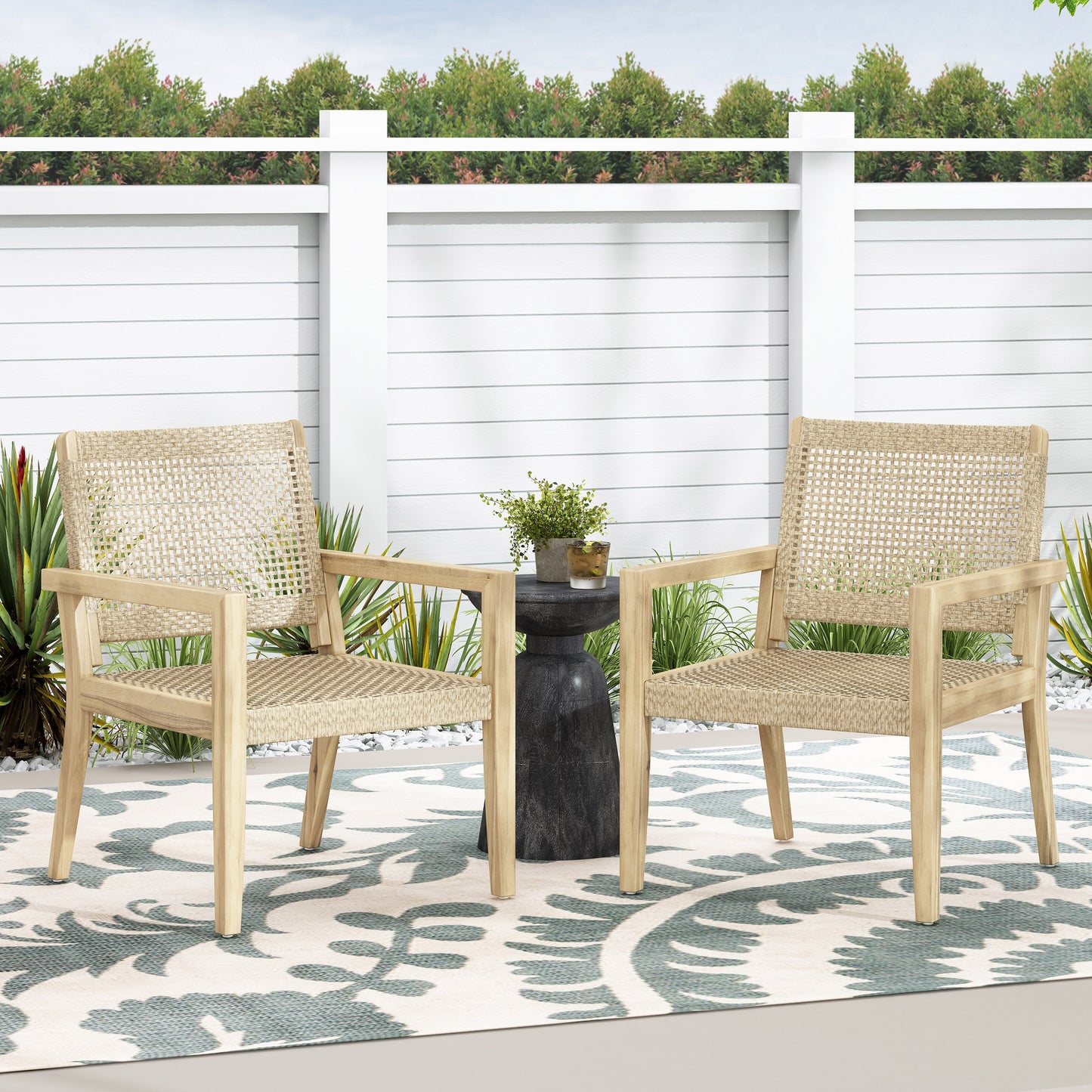 Outdoor Wicker And Acacia Wood Club Chairs, Set Of 2, Light Multibrown And Light Brown, 34 H X 25 W X 27.25 D