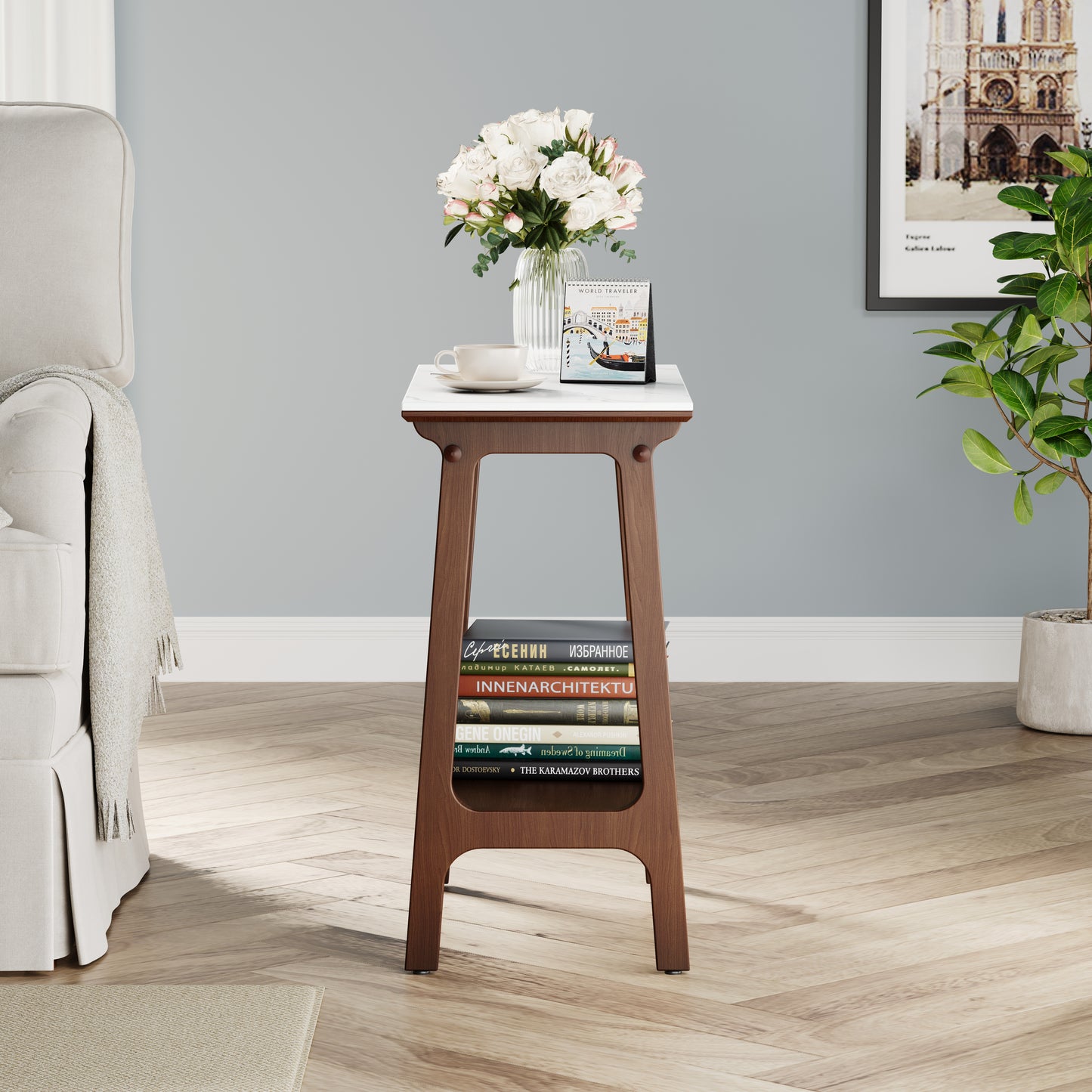 Retro Reddish Brown Narrow Slate Side Table With Storage Shelf, Small End Table For Living Room Small Spaces Entryway Farmhouse, Slim Nightstand Bedside Table