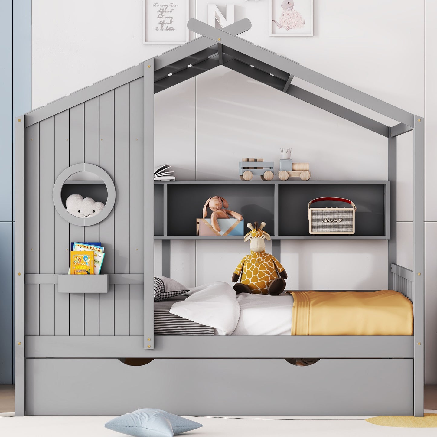 Wooden Full Size House Bed With Trundle, Modern Design For Kids With Storage Shlef, Gray Old SKU HL000095AAE