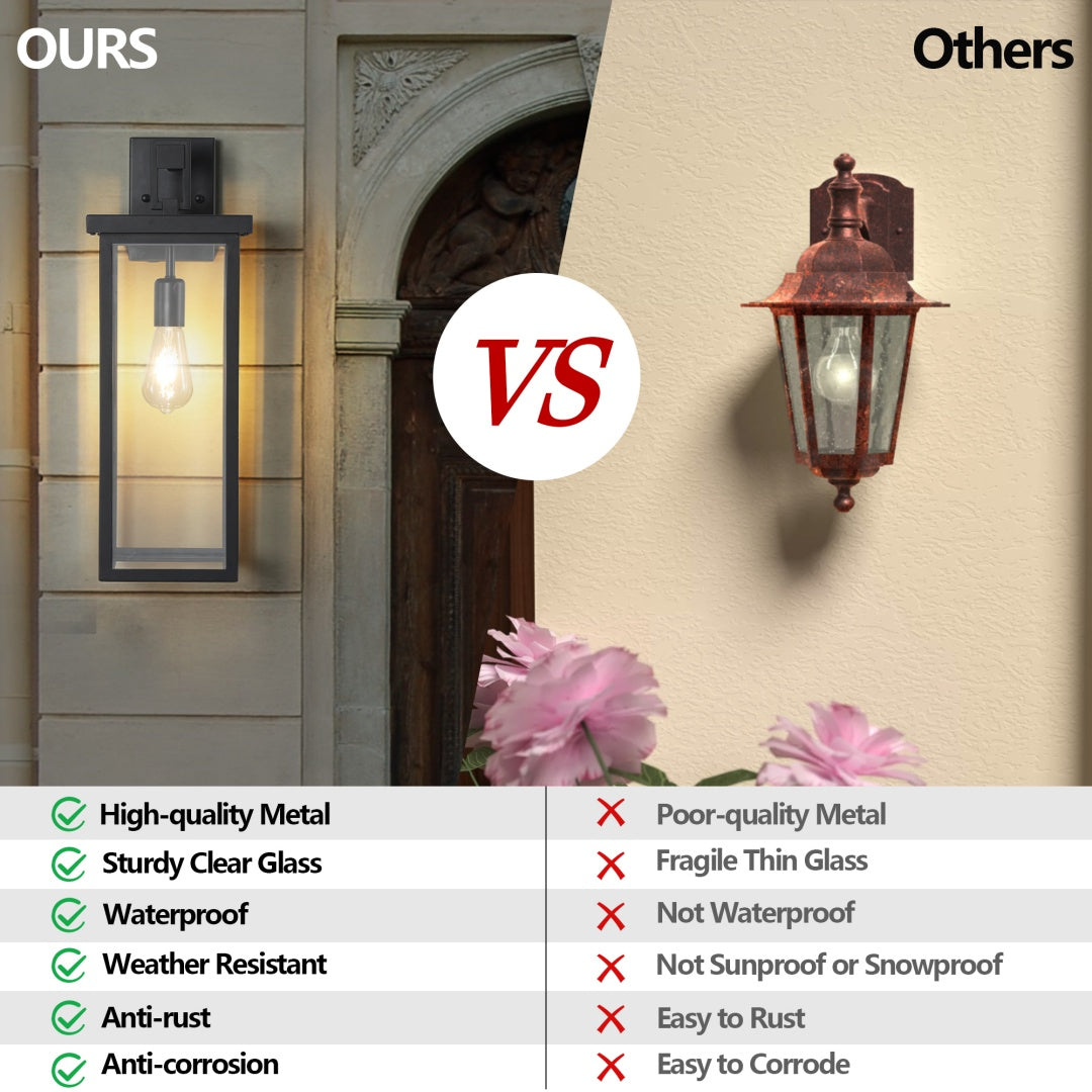 20  H Set Of 2 Modern Outdoor Wall Lanterns With Black Metal Frame And Clear Glass, Weatherproof Wall Sconces For Porch, Garage, Or Entryway Lighting, E26 Bulb Compatible  No Bulbs