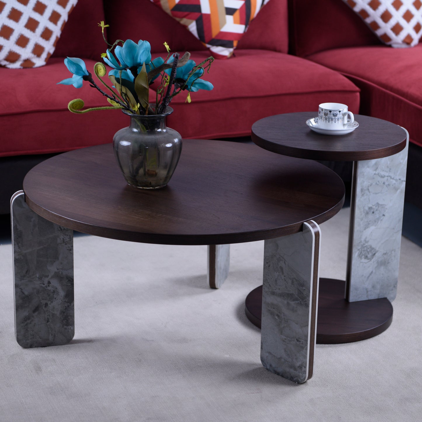 Modern Coffee Table With End Table Set, Durable Walnut Veneered MDF 83cm Diameter Center Table With A 43cm Diameter Side Table For Living Room, Study Room, Strong And Stable Sintered Stone Legs Base