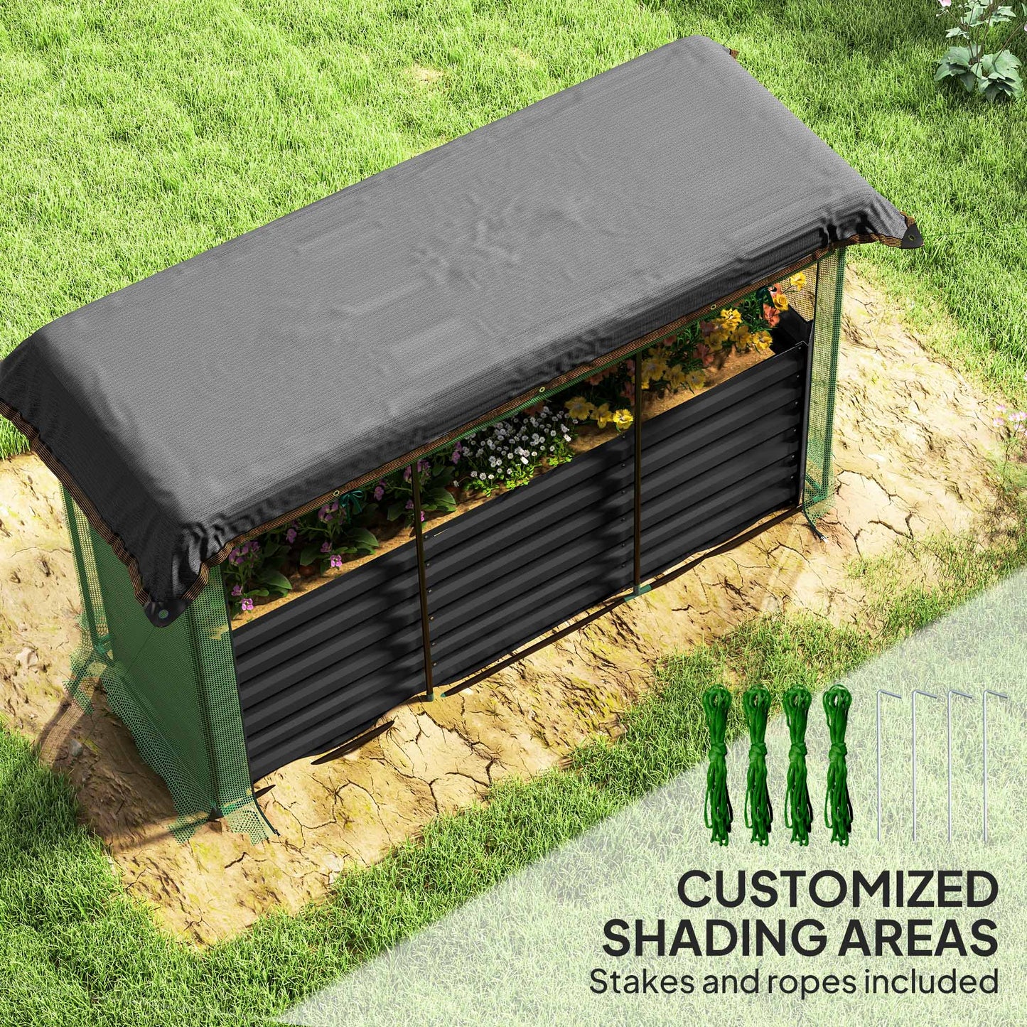 Galvanized Steel Planter Box With Crop Cage And Shade Cloth, Raised Garden Bed For Flowers, Veggies And Herbs, Dark Gray