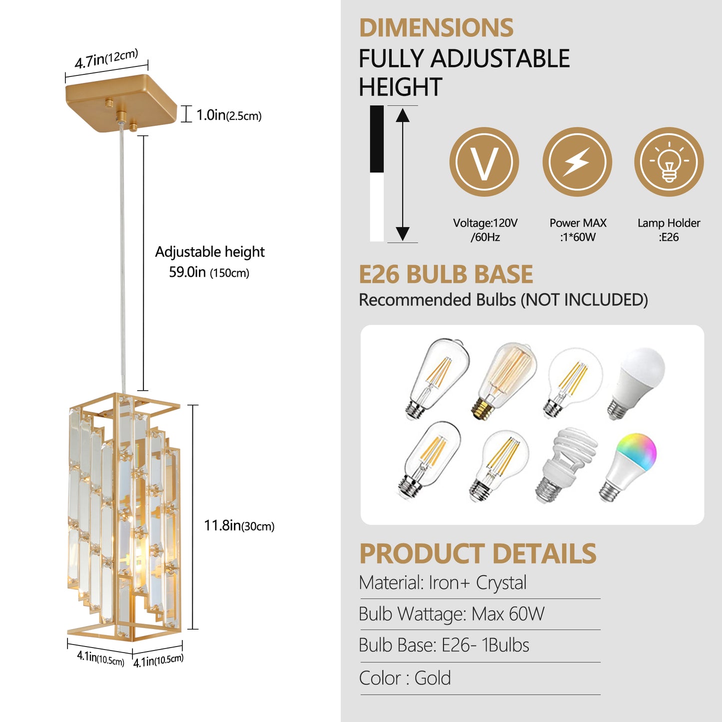 4in Modern Crystal Pendant Light - 3 Pack, Adjustable Hanging Ceiling Lamp With Crystal Prism Design For Dining Room, Kitchen Island, And Living Room -Golden Finish