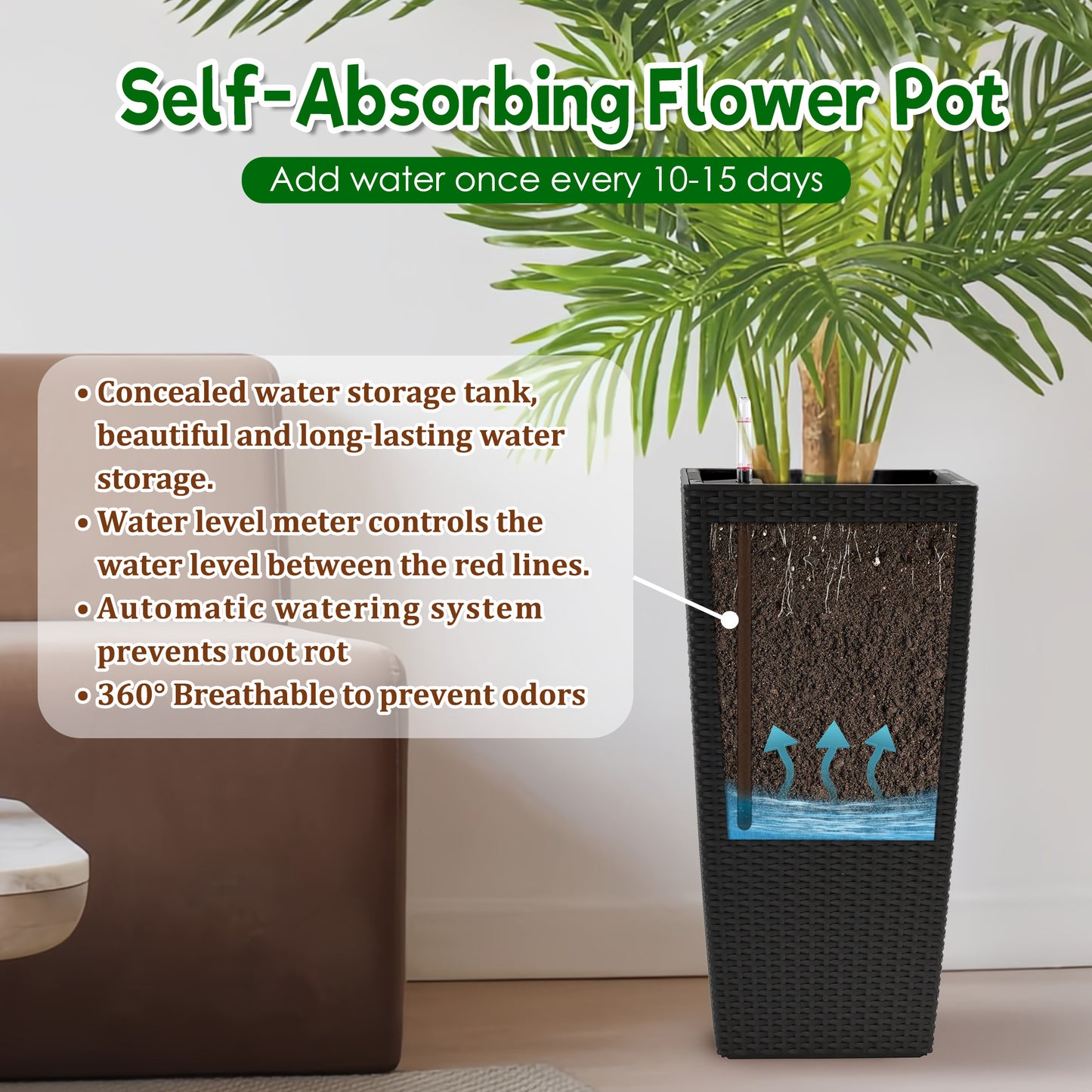 Pack Of 2 Square Planter For Garden 22-Inch High Faux Rattan Design Flower Pot With Automatic Watering System For Porch, Patio, Backyard, Makes Keeping Flowers Easier
