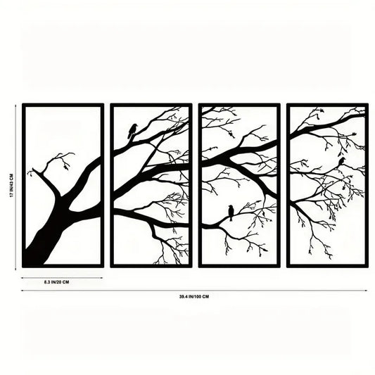CIFbuy Iron Bare Branch & Bird 4-Panel Wall Art, Minimalist Style Wall Hanging, Nature Theme Home Decor - TikTok, Temu, Self-pickup Available