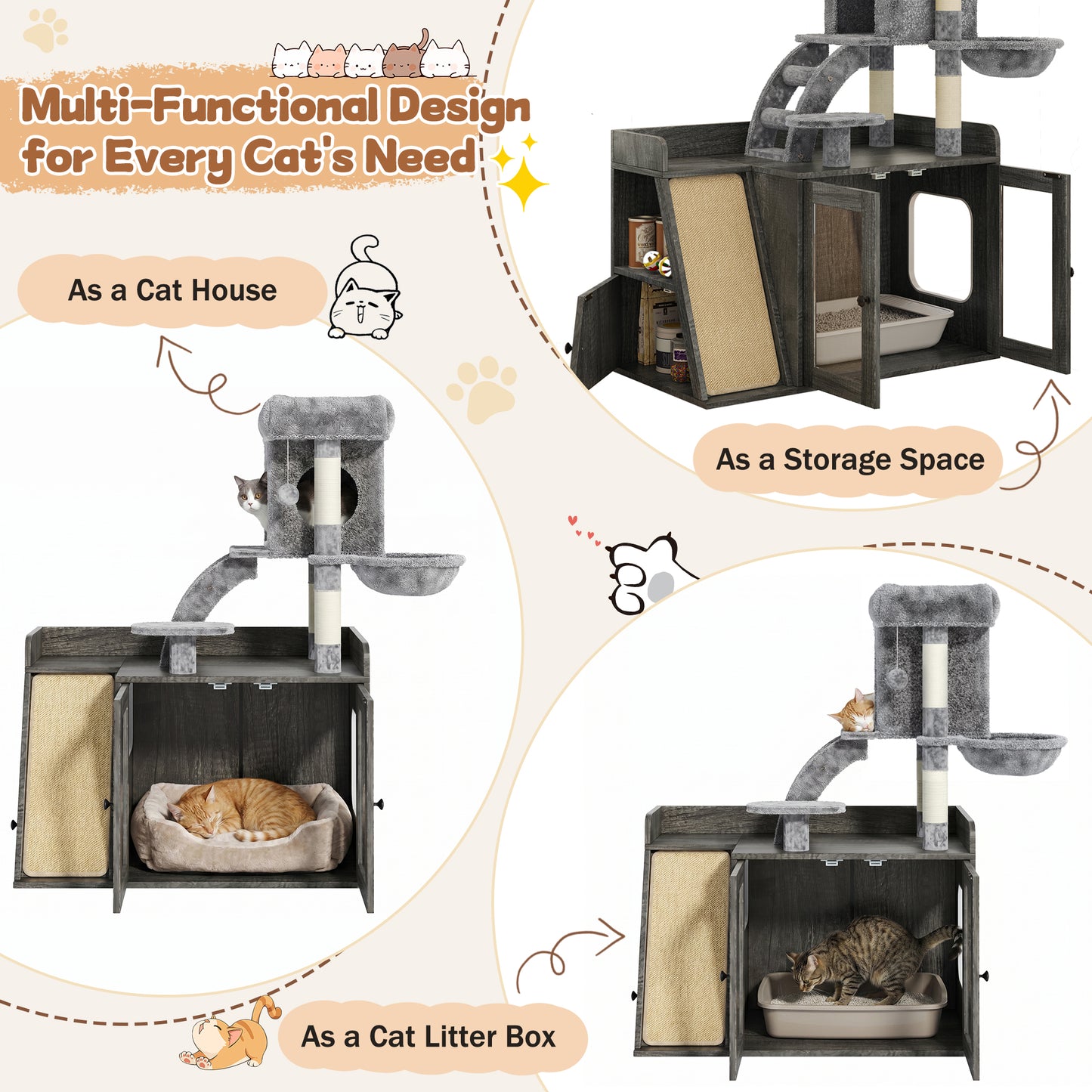 Litter Box Enclosure With Cat Tree, Hidden Litter Box With LED Light, Sisal Scratching Board And Storage Space, Modular  Litter Box Furniture With Condo And Platform, All-in-one Cat Tower,Grey