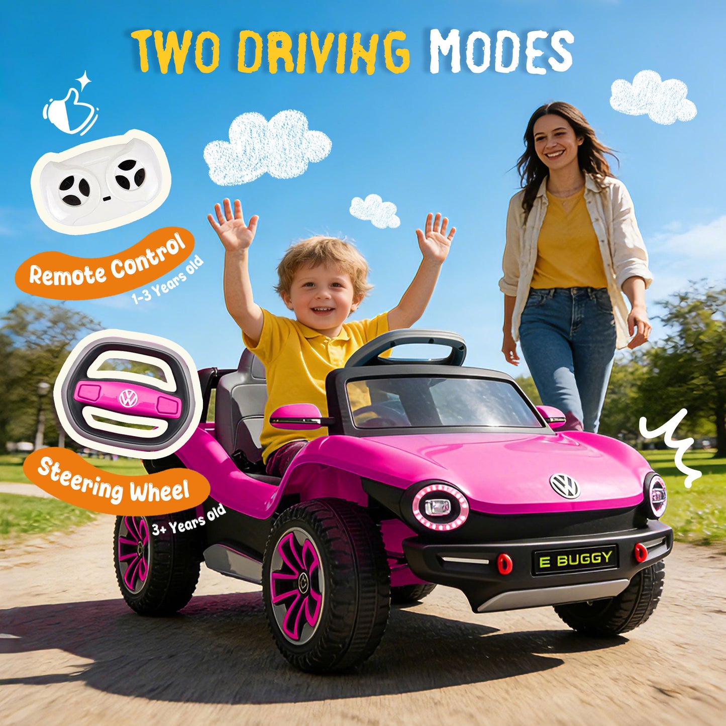12V Licensed Beetle Kids Ride On Electric Car W 2.4G PC,Cute&Curvy Body,2WD,4-Wheel Suspension,Rear Cargo Storage,Bright Front Headlights,Bluetooth,USB,Music,Speeds 1.5-2.5MPH For Kids 3-5