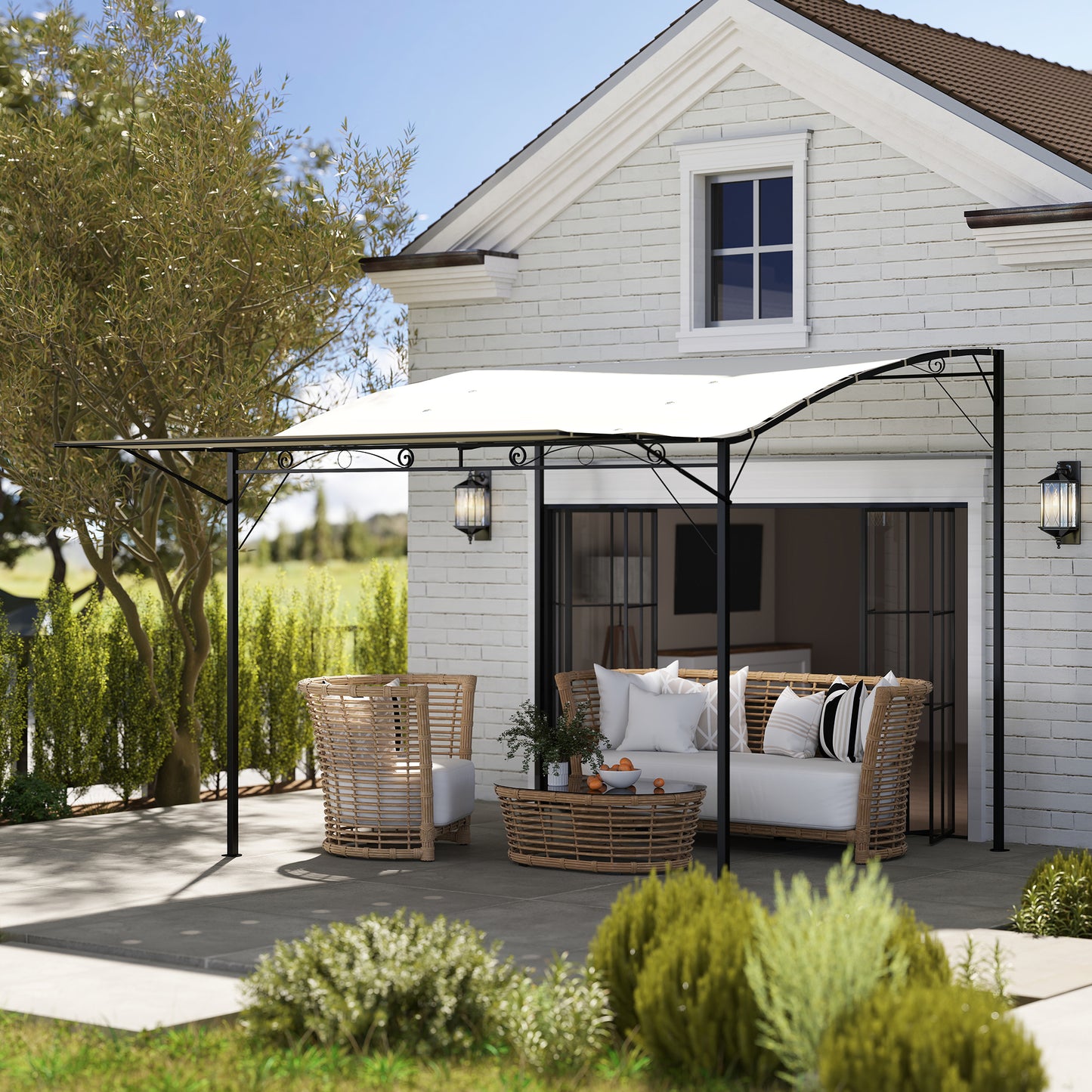 10' X 8' Outdoor Pergola And Patio Gazebo For Garden, Camper, Deck, Doors And Windows, Cream White